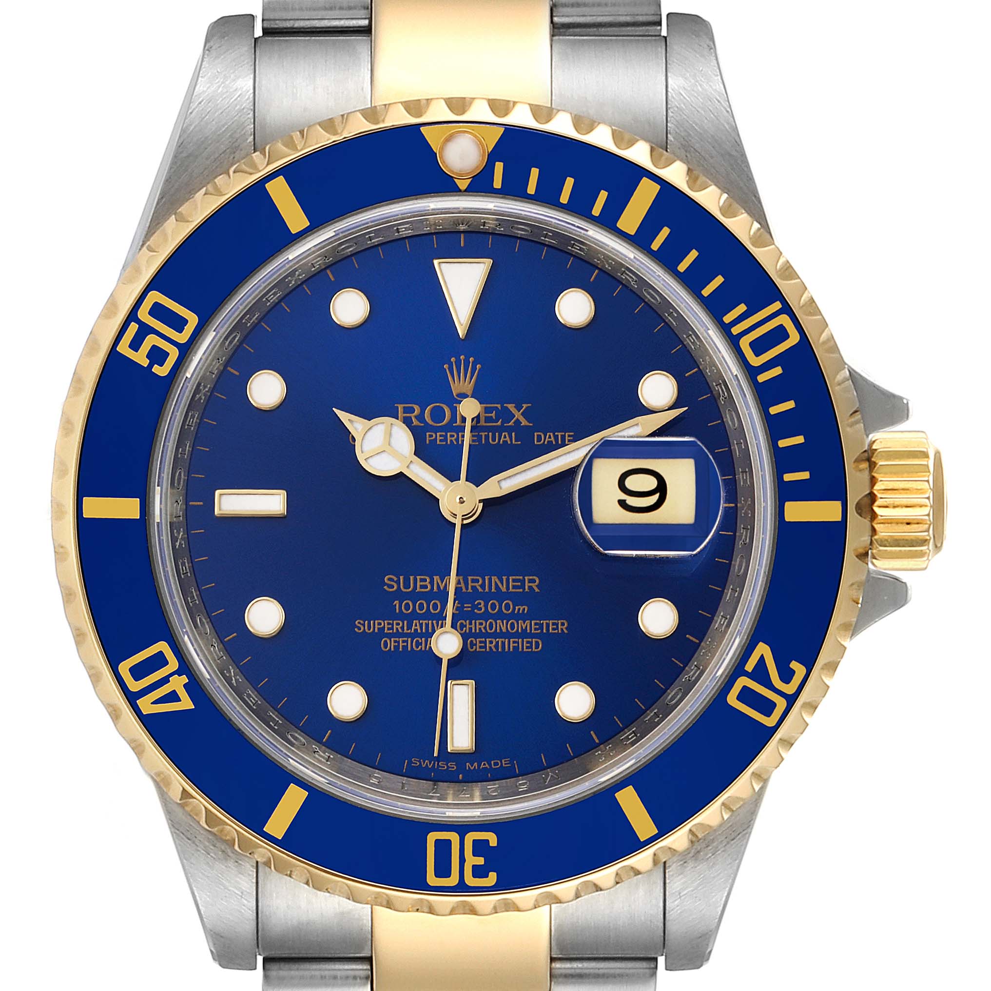 This is a head-on view of a Rolex Submariner 16613 Men's Steel and Gold (two tone) Blue Dial 16613 Men's Steel and Gold (two tone) Blue Dial watch, showcasing its blue dial, date feature, and two-tone bezel and bracelet.