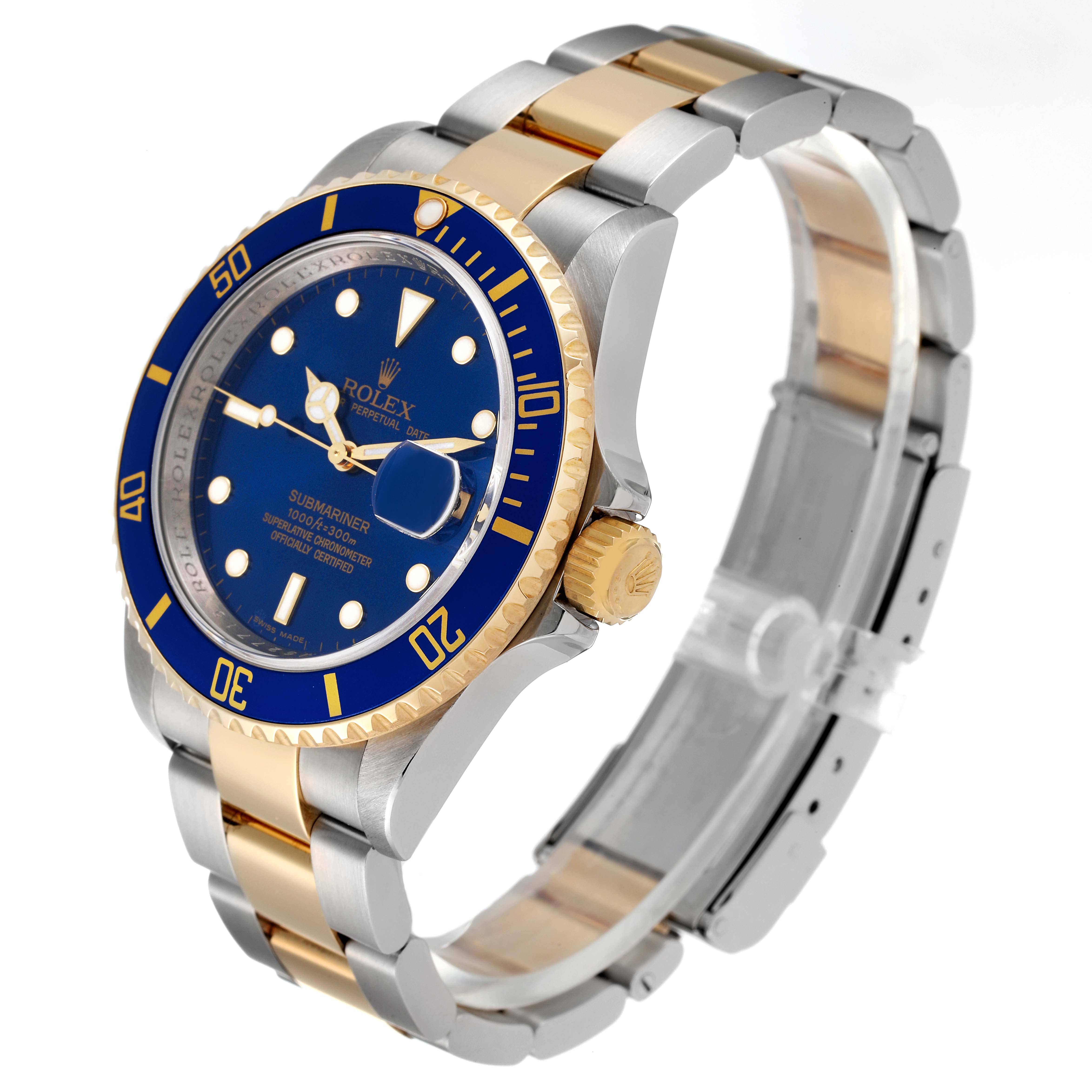 This image shows a Rolex Submariner 16613 Men's Steel and Gold (two tone) Blue Dial 16613 Men's Steel and Gold (two tone) Blue Dial watch at a three-quarter angle, highlighting the blue dial, gold bezel, case, and two-tone bracelet.