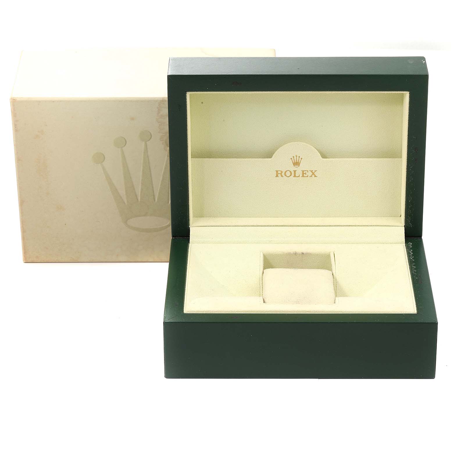 This image shows an open and empty green Rolex Submariner 16613 Men's Steel and Gold (two tone) Blue Dial 16613 Men's Steel and Gold (two tone) Blue Dial watch box with a beige interior.