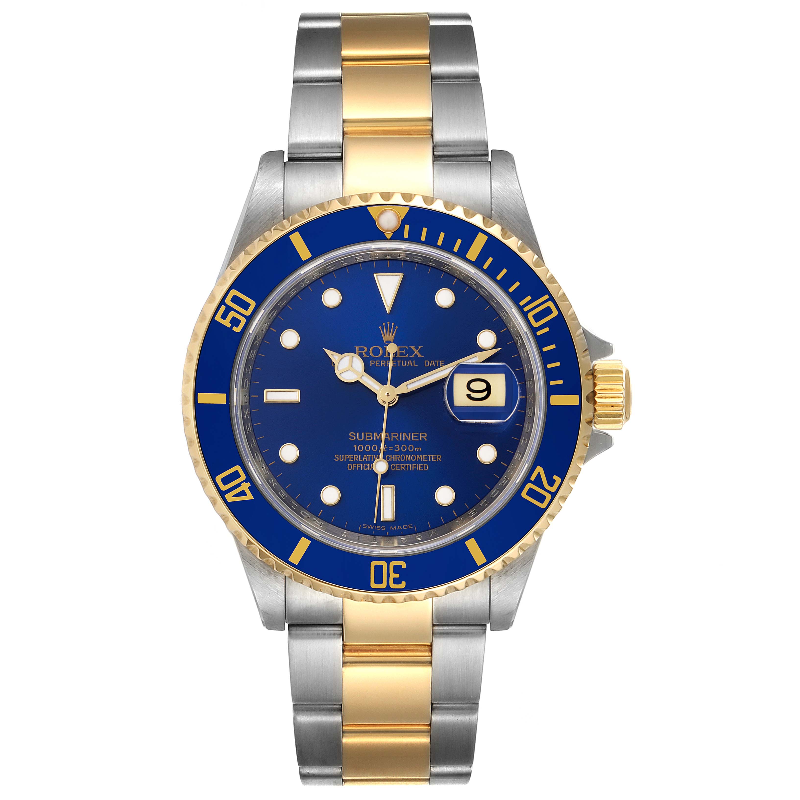 The image shows a front view of the Rolex Submariner 16613 Men's Steel and Gold (two tone) Blue Dial 16613 Men's Steel and Gold (two tone) Blue Dial watch with a blue dial, gold and silver bracelet, and date window.