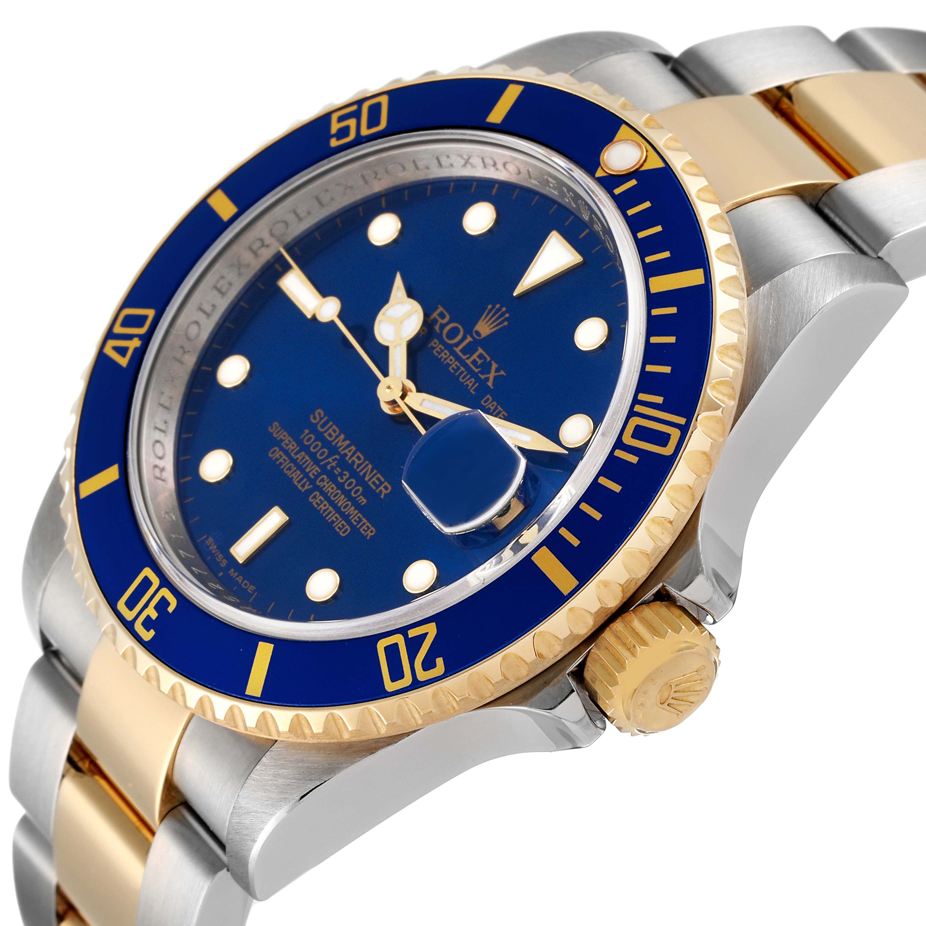 The image shows a close-up angled view of a Rolex Submariner 16613 Men's Steel and Gold (two tone) Blue Dial 16613 Men's Steel and Gold (two tone) Blue Dial watch, highlighting its blue bezel, blue dial, and two-tone bracelet.