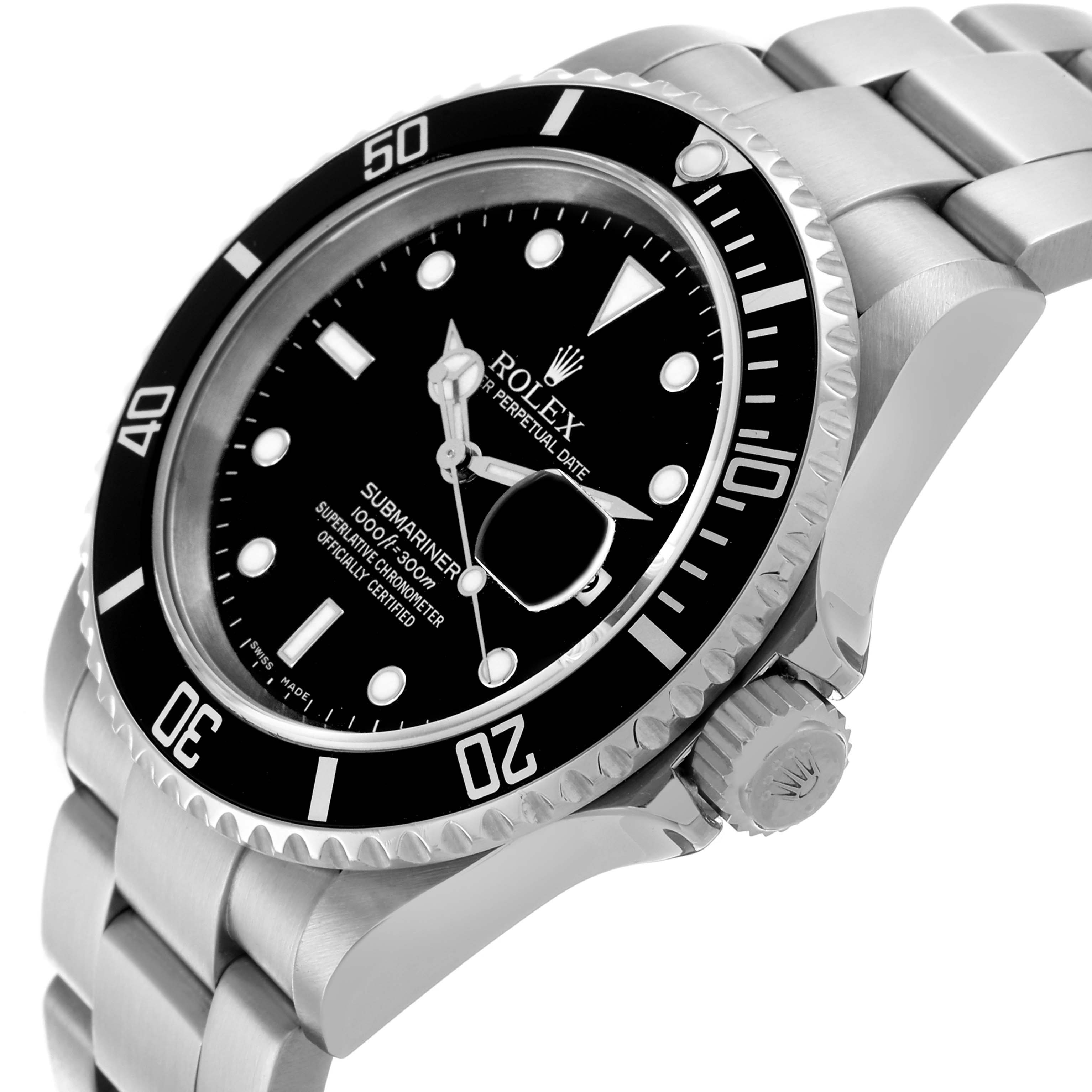 The Rolex Submariner 16610 Men
s Stainless Steel Black Dial 16610 Men
s Stainless Steel Black Dial is shown at an angle highlighting the dial, bezel, crown, and part of the bracelet.