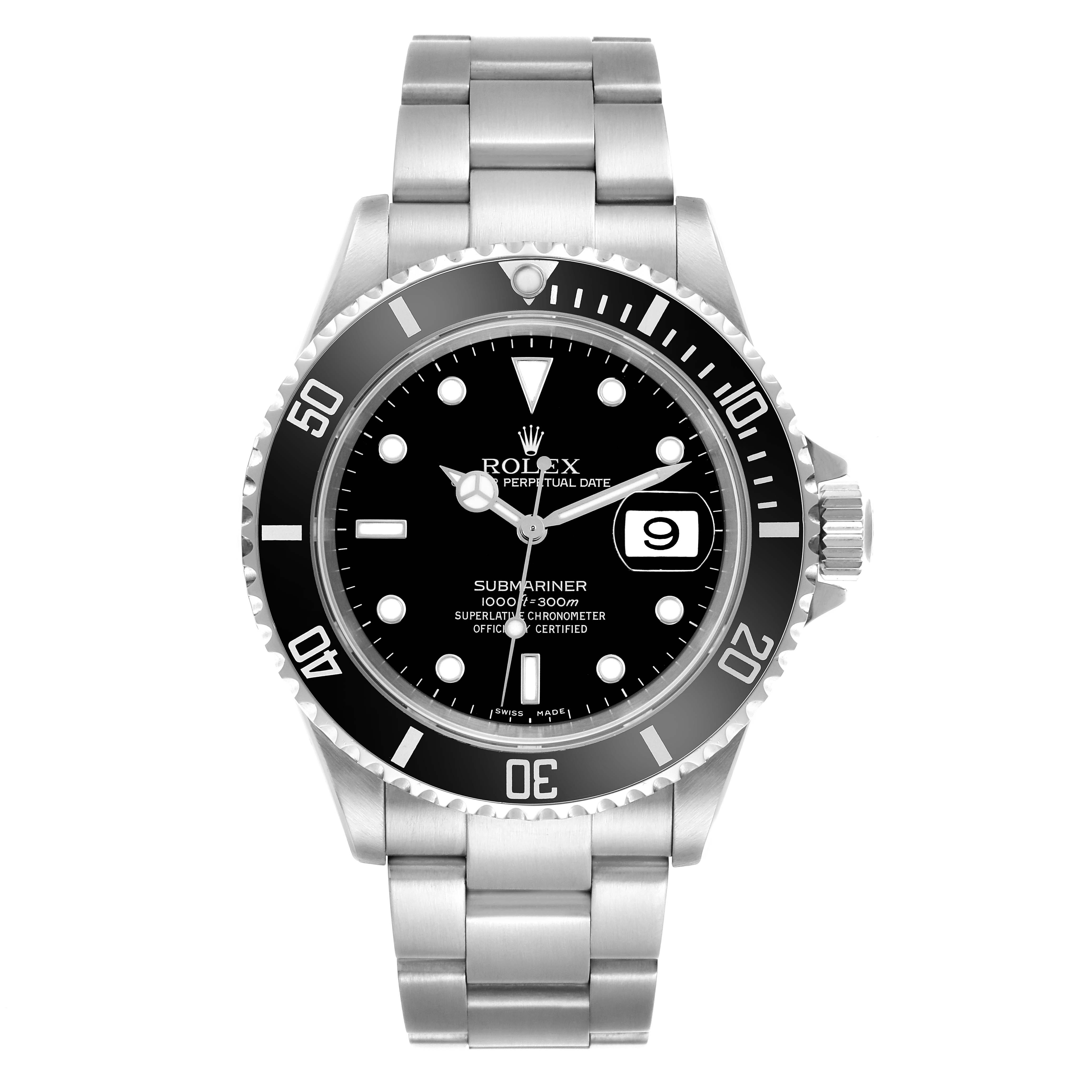 The Rolex Submariner 16610 Men
s Stainless Steel Black Dial 16610 Men
s Stainless Steel Black Dial watch is shown from a front view, displaying the dial, bezel, and bracelet.