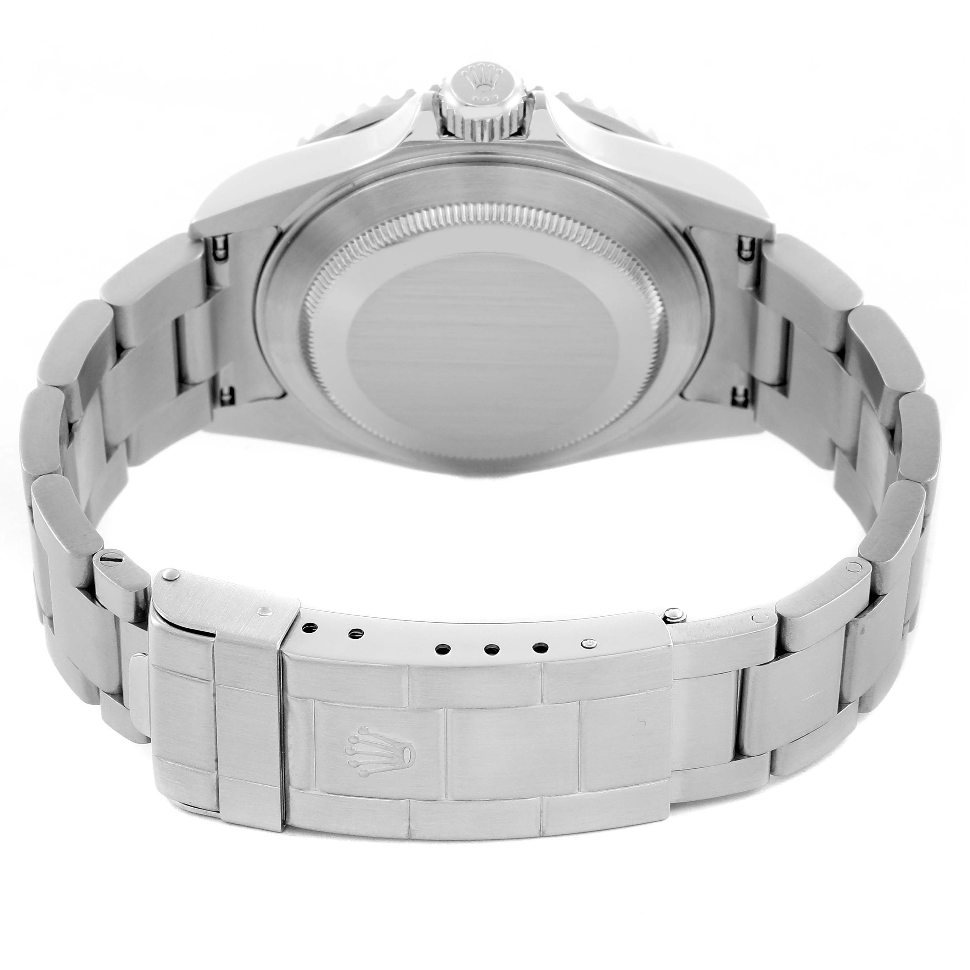 The image shows the back view of a Rolex Submariner 16610 Men
s Stainless Steel Black Dial 16610 Men
s Stainless Steel Black Dial watch, highlighting its case back and bracelet clasp.