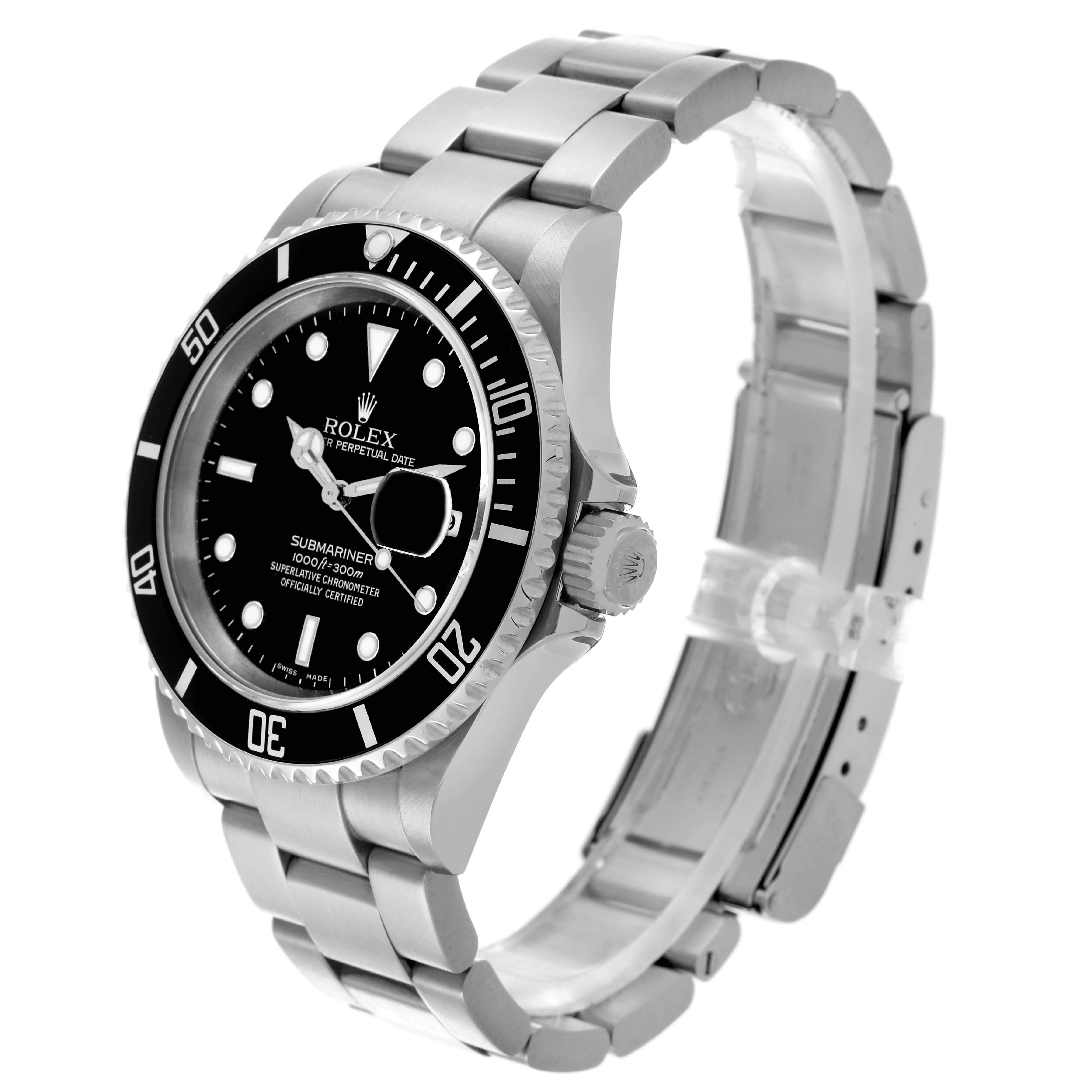 The Rolex Submariner 16610 Men
s Stainless Steel Black Dial 16610 Men
s Stainless Steel Black Dial is shown at a three-quarter angle, displaying the face, bezel, crown, and bracelet fully.
