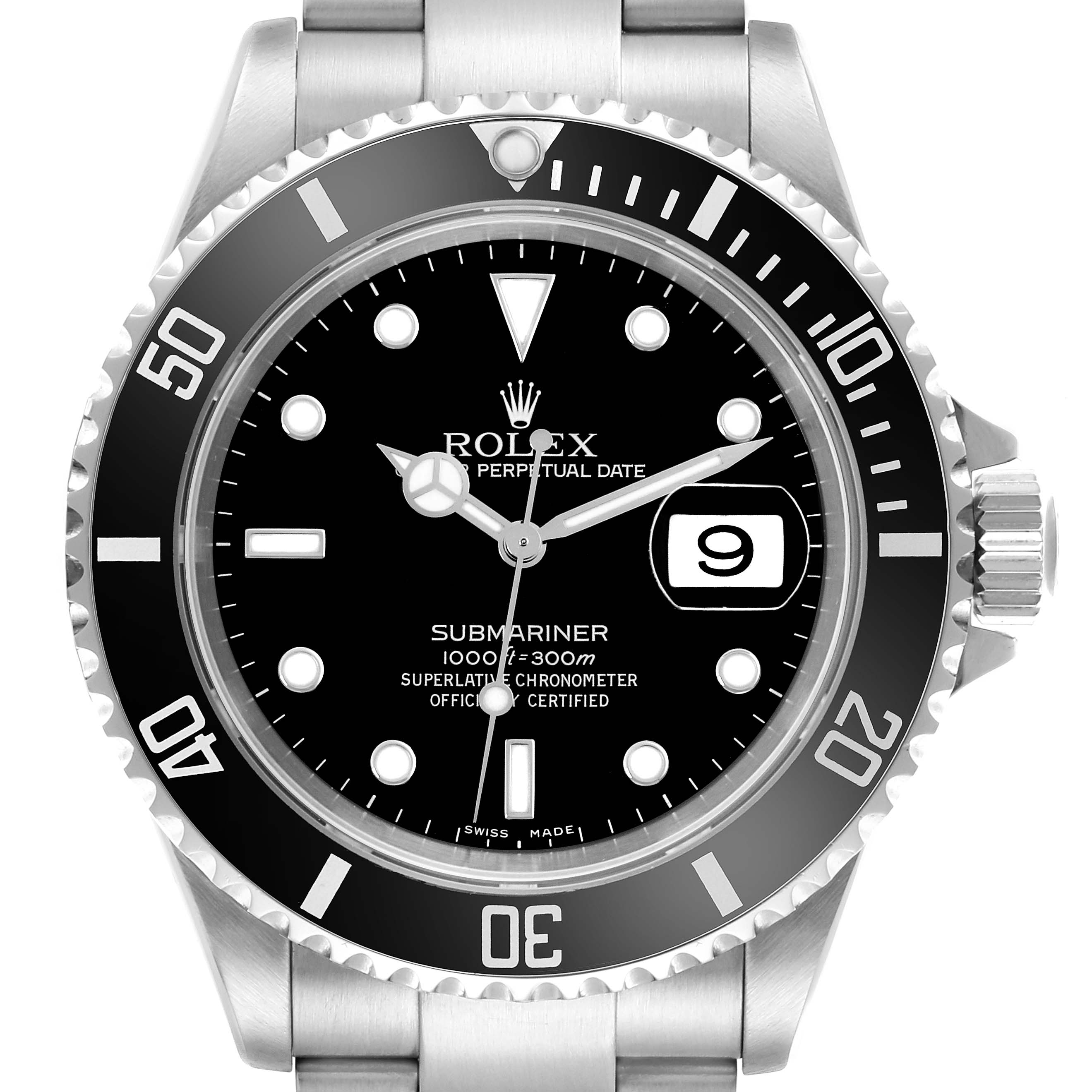The Rolex Submariner 16610 Men
s Stainless Steel Black Dial 16610 Men
s Stainless Steel Black Dial watch is shown from a front angle, highlighting the face, bezel, crown, and part of the bracelet.