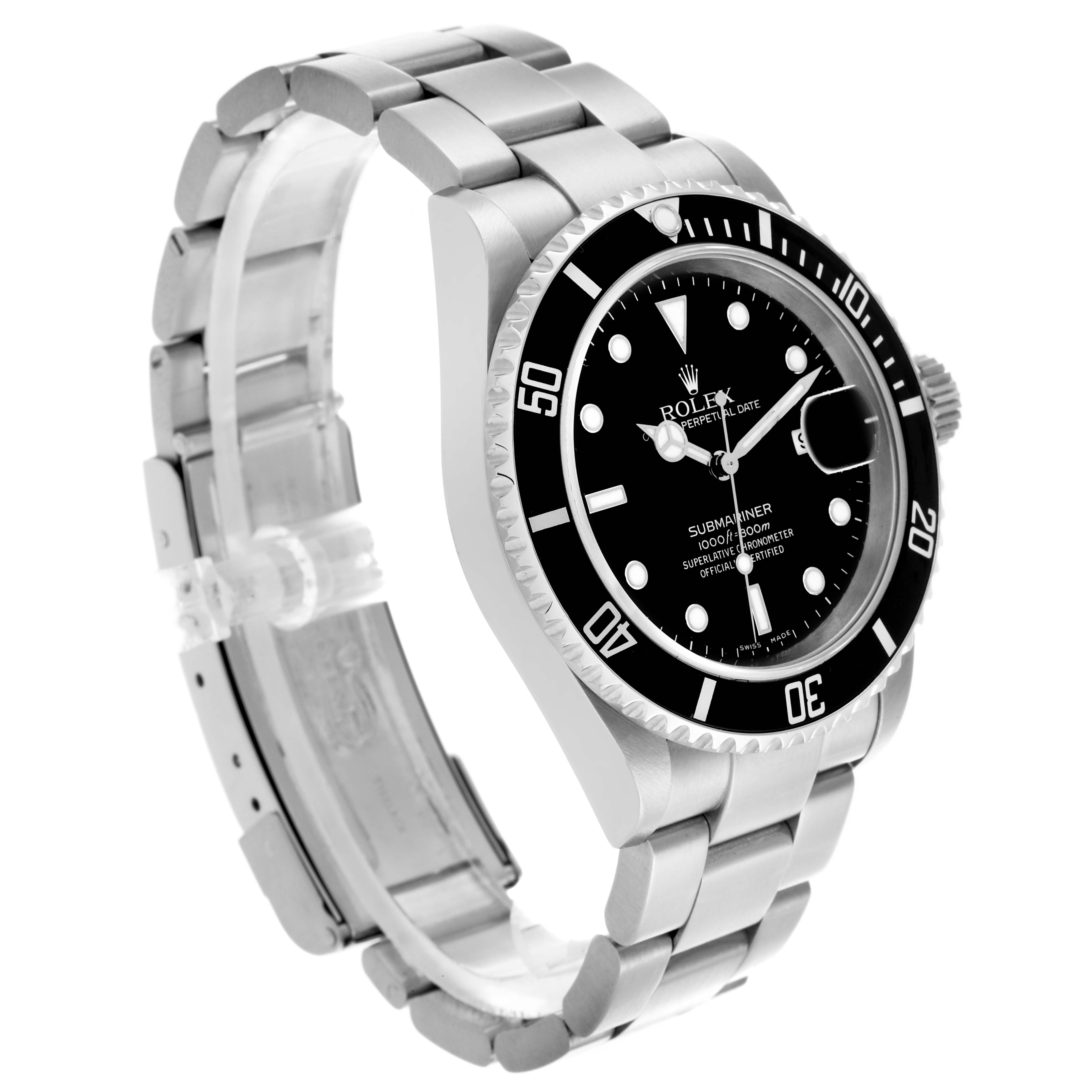The Rolex Submariner 16610 Men
s Stainless Steel Black Dial 16610 Men
s Stainless Steel Black Dial watch is shown from a front-side angle, highlighting the face, bezel, and bracelet.