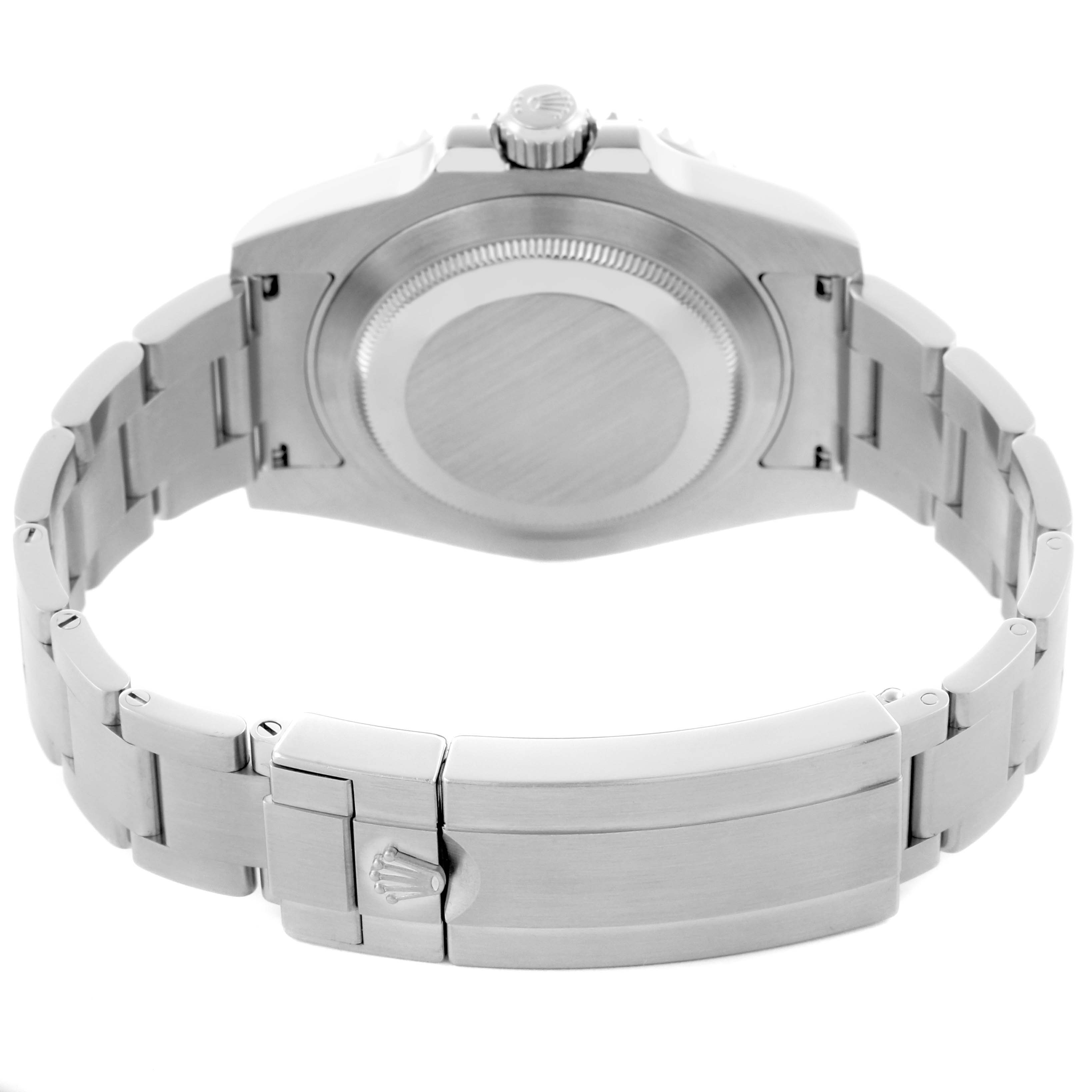 The image shows the back view of a Rolex Submariner 114060 Men
s Stainless Steel Black Dial, highlighting the case back, bracelet, and clasp.