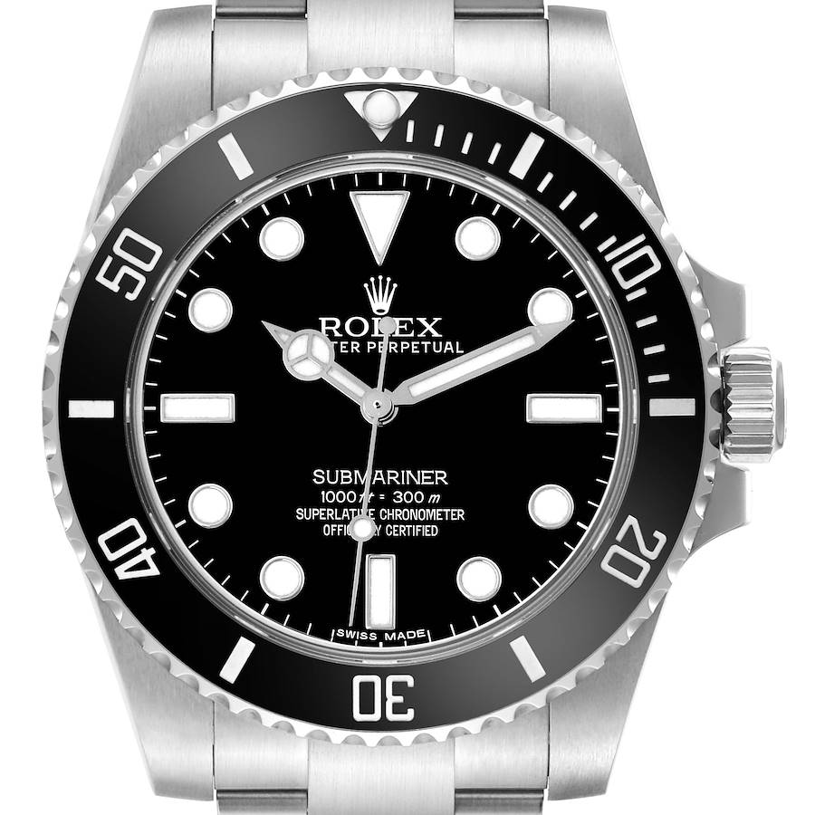 The Rolex Submariner 114060 Men's Stainless Steel Black Dial is shown from the front, highlighting the dial, bezel, crown, and part of the bracelet.