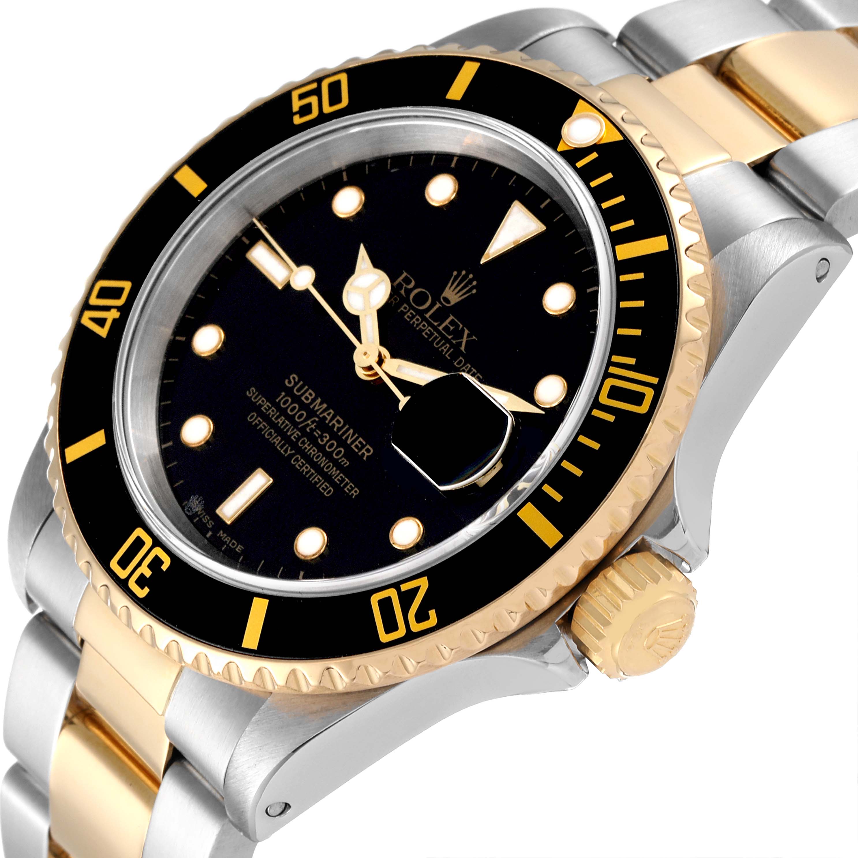 The image shows a Rolex Submariner 16613 Men's Steel and Gold (two tone) Black Dial 16613 Men's Steel and Gold (two tone) Black Dial watch at an angled close-up, highlighting its bezel, crown, bracelet, and dial.
