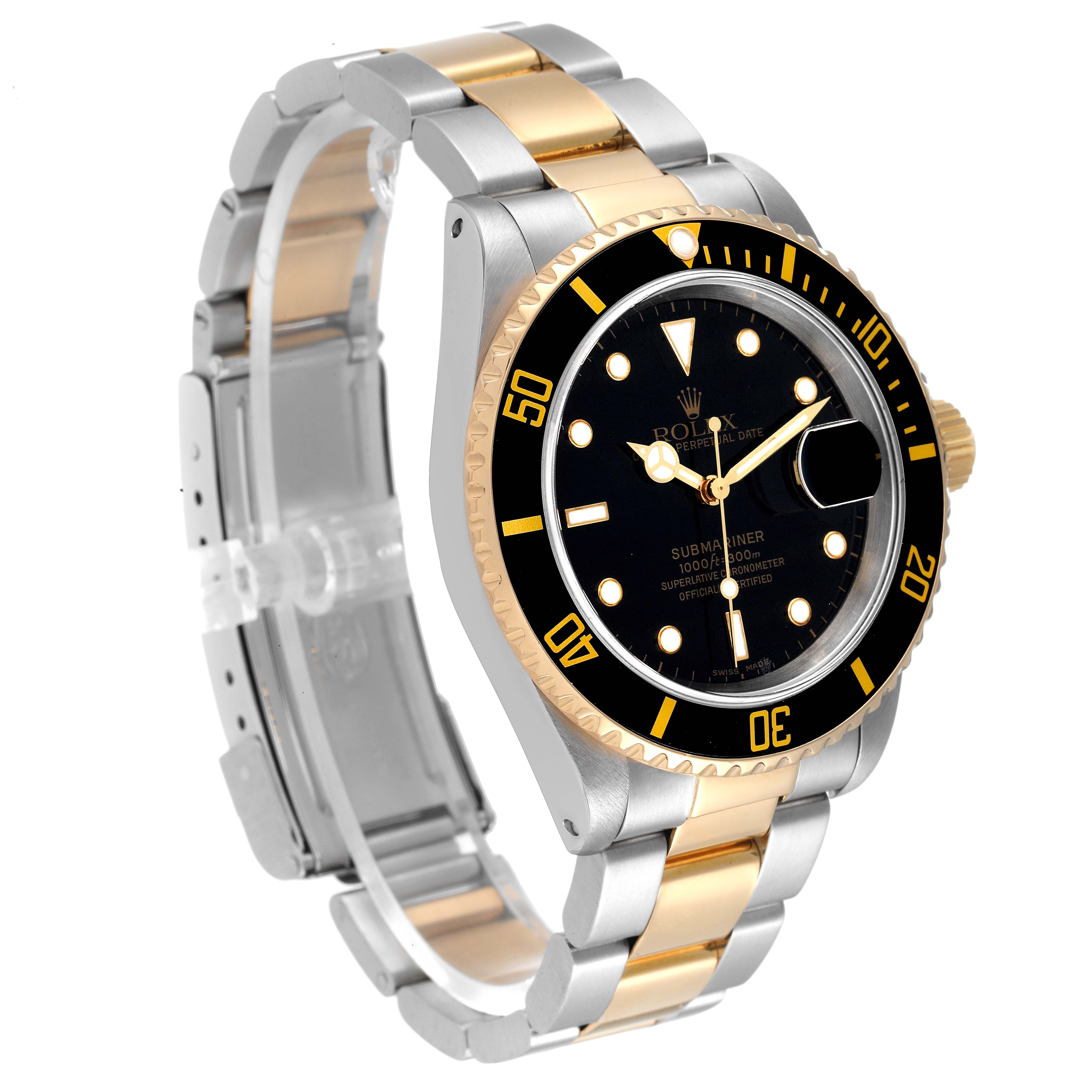 The Rolex Submariner 16613 Men's Steel and Gold (two tone) Black Dial 16613 Men's Steel and Gold (two tone) Black Dial watch is shown at an angle displaying the face, bezel, crown, and stainless steel and gold bracelet.