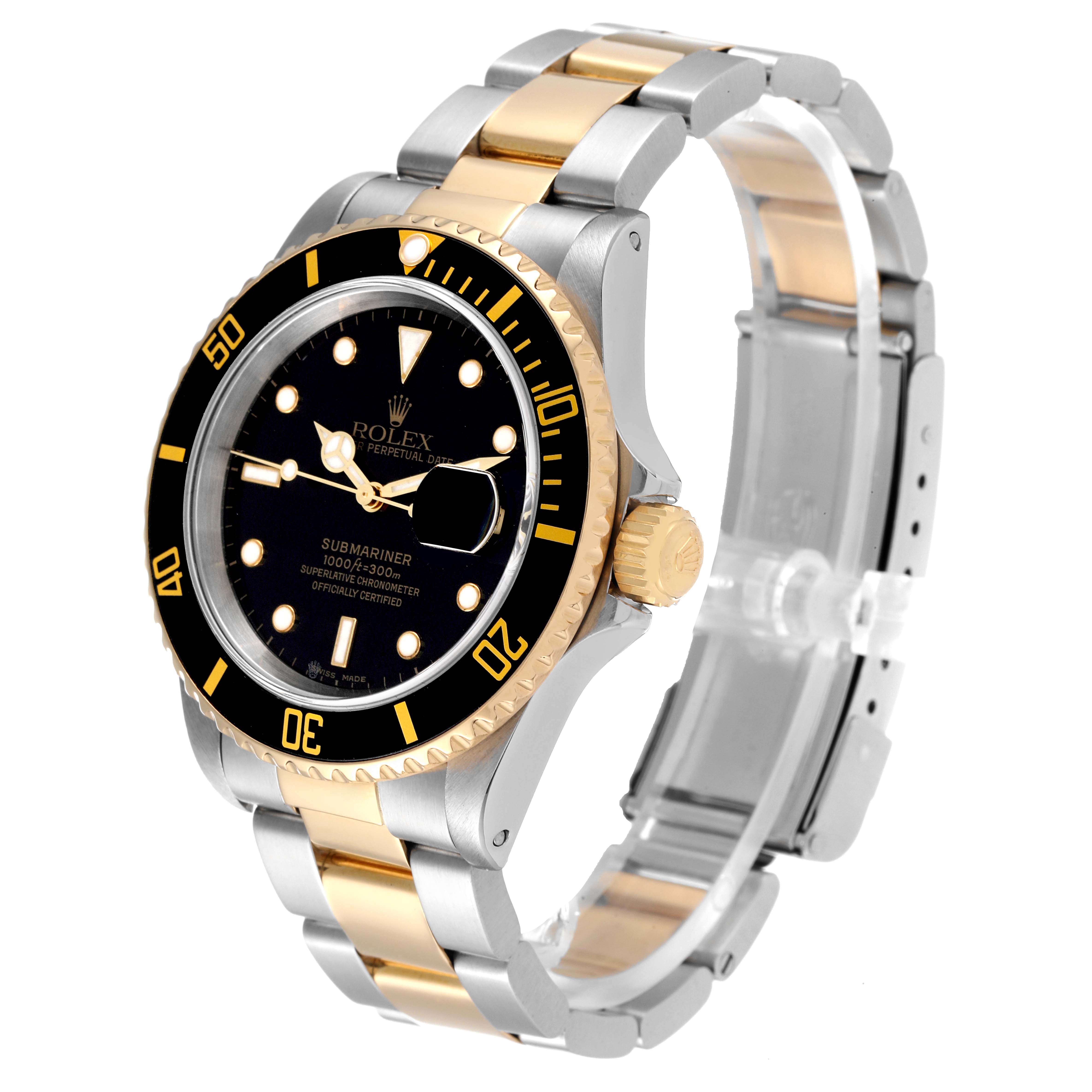 The image shows a Rolex Submariner 16613 Men's Steel and Gold (two tone) Black Dial 16613 Men's Steel and Gold (two tone) Black Dial watch at a three-quarter angle, highlighting its black dial, gold bezel, and two-tone bracelet.