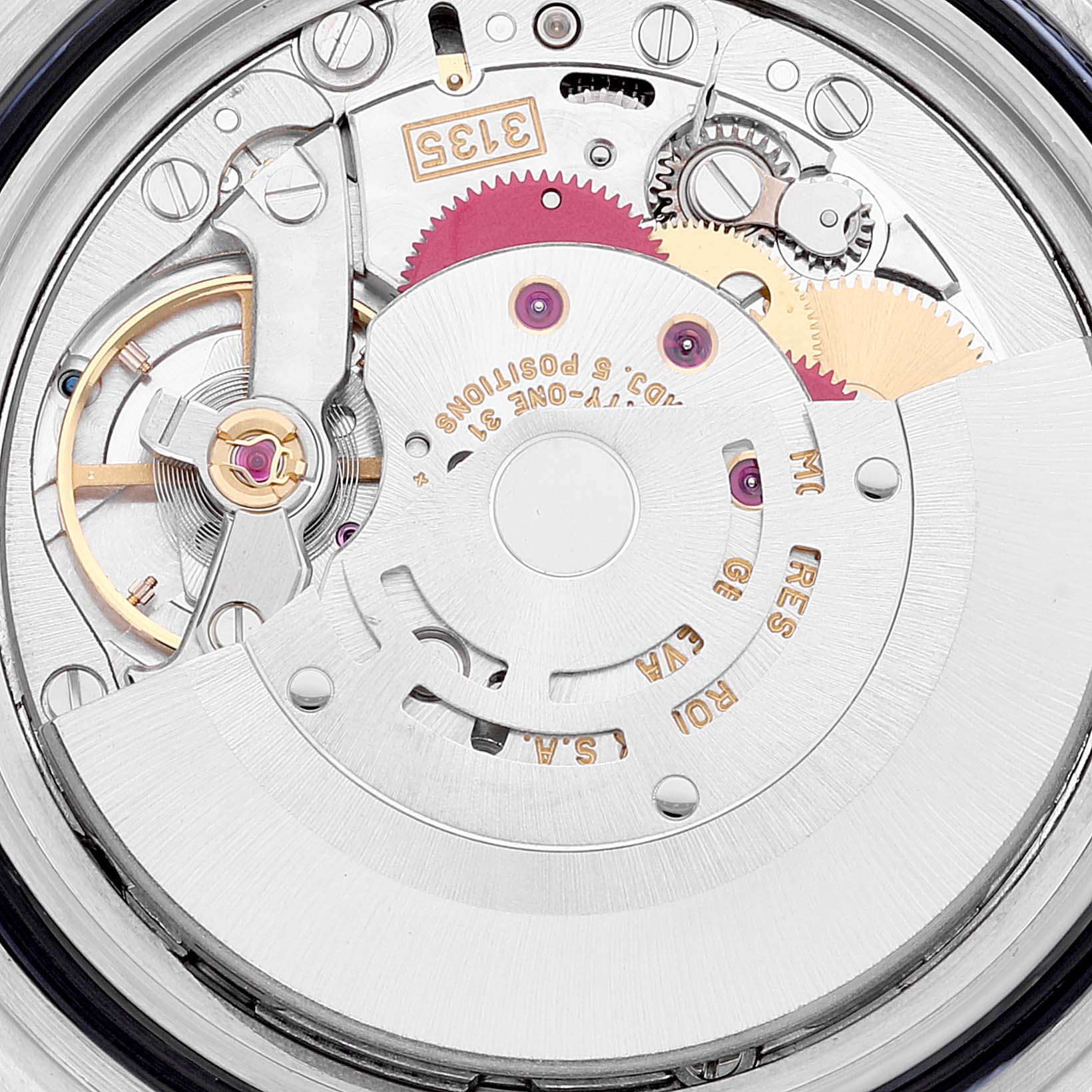 This image shows the internal mechanical movement of a Rolex Submariner 16613 Men's Steel and Gold (two tone) Black Dial 16613 Men's Steel and Gold (two tone) Black Dial watch, focusing on its intricate gears and components.