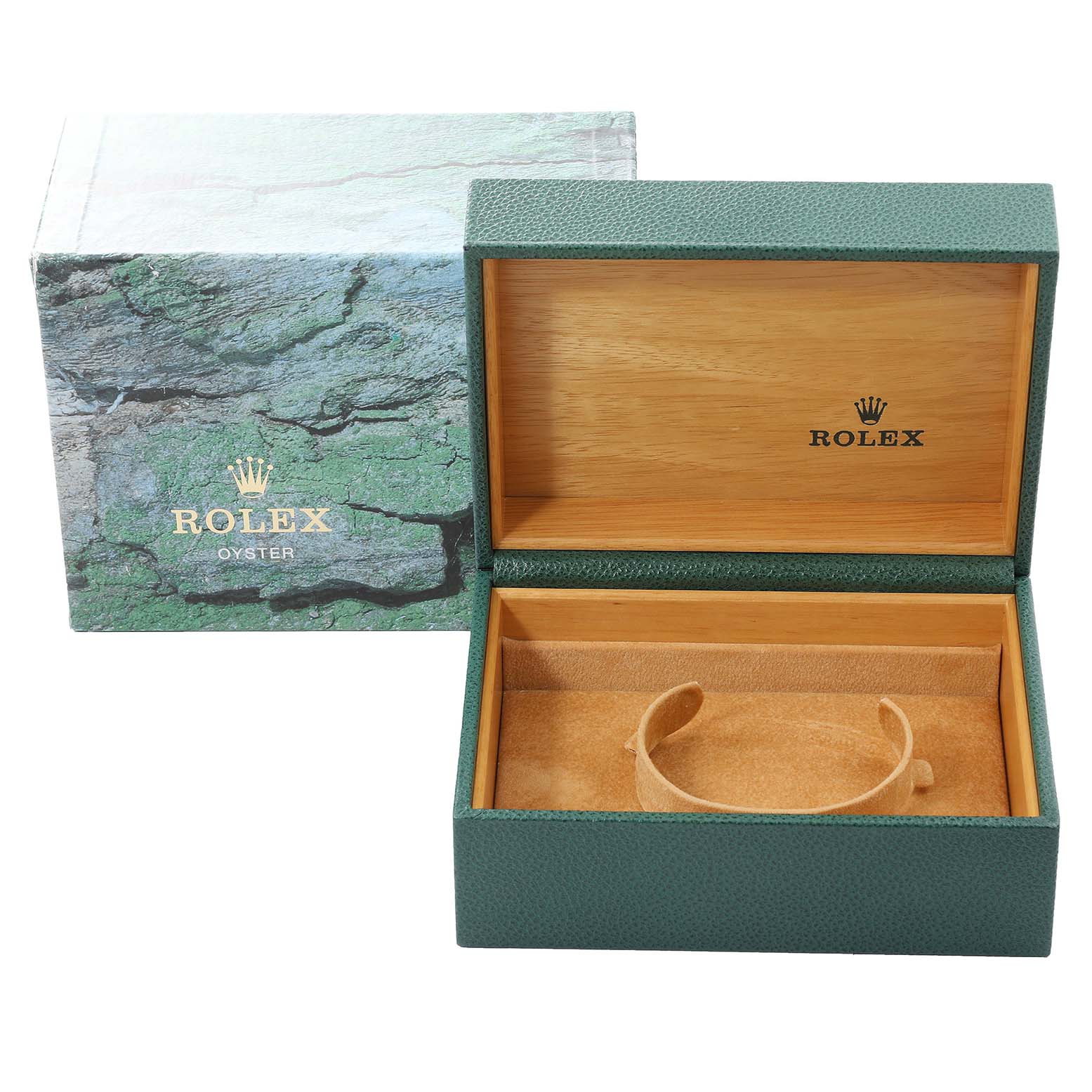 The image shows an open green and wood Rolex watch box and its outer packaging for the Submariner model.