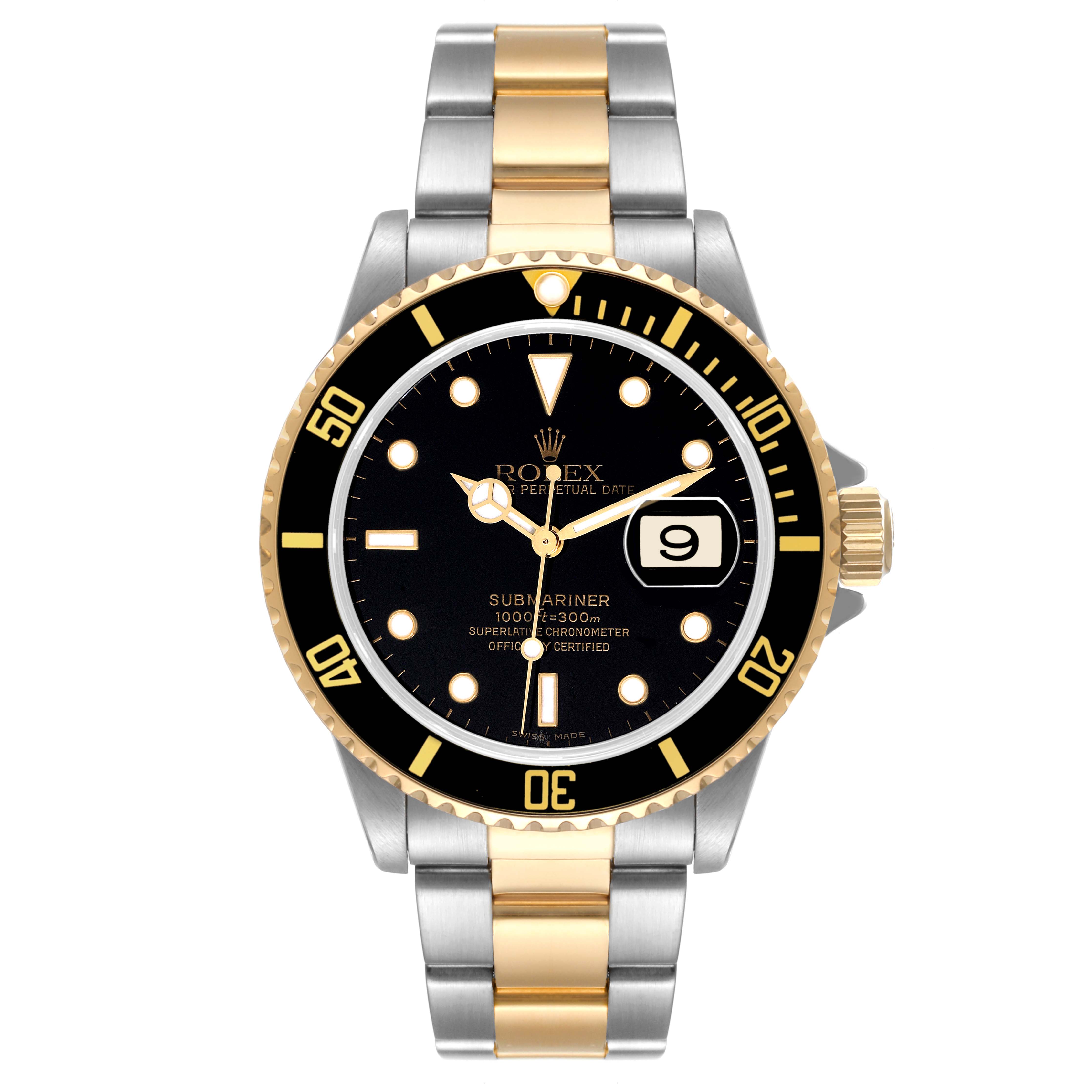 The image shows a front view of a Rolex Submariner 16613 Men's Steel and Gold (two tone) Black Dial 16613 Men's Steel and Gold (two tone) Black Dial watch showcasing its bezel, dial, and bracelet.