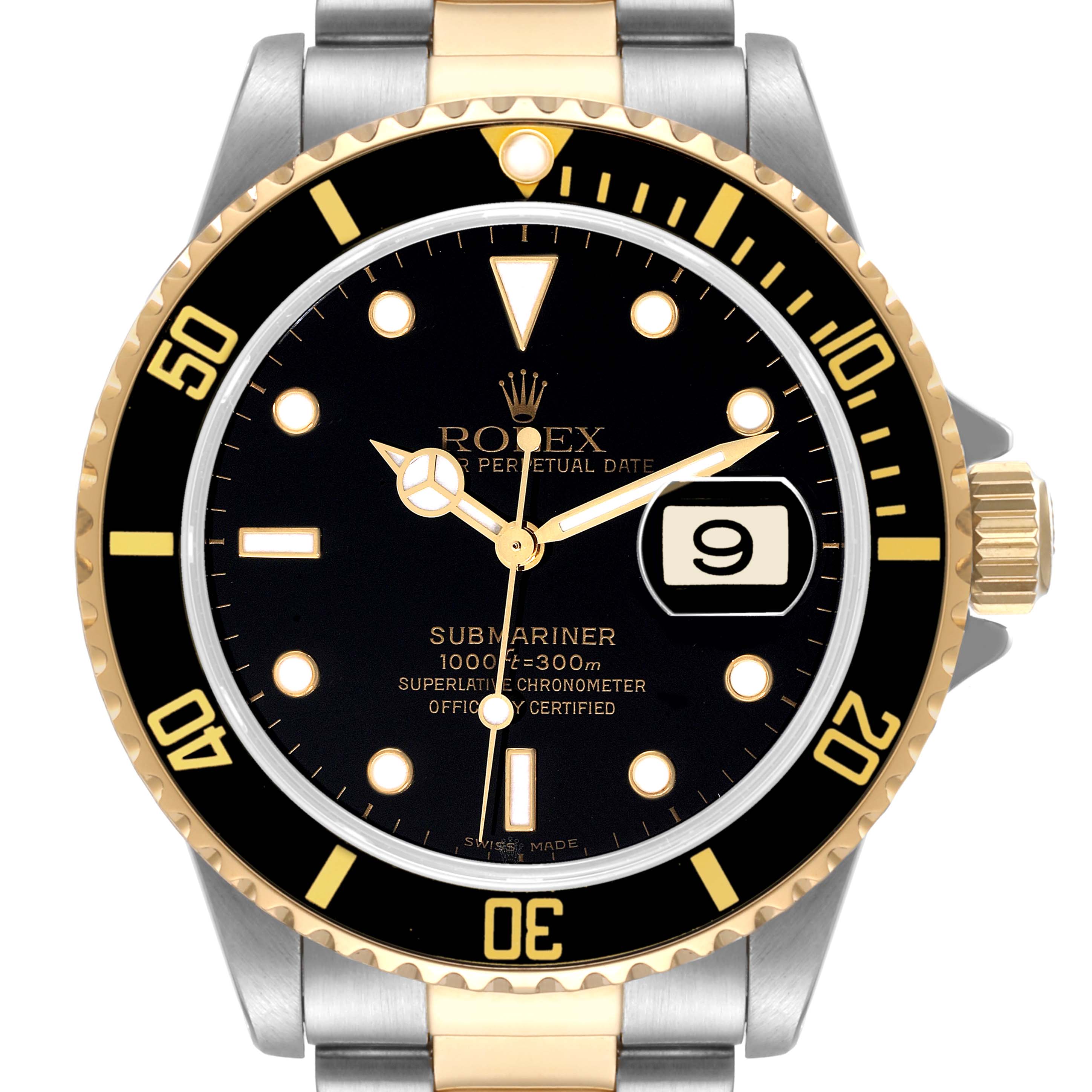This is a front view of a Rolex Submariner 16613 Men's Steel and Gold (two tone) Black Dial 16613 Men's Steel and Gold (two tone) Black Dial watch, showing the dial, bezel, hands, and part of the bracelet.