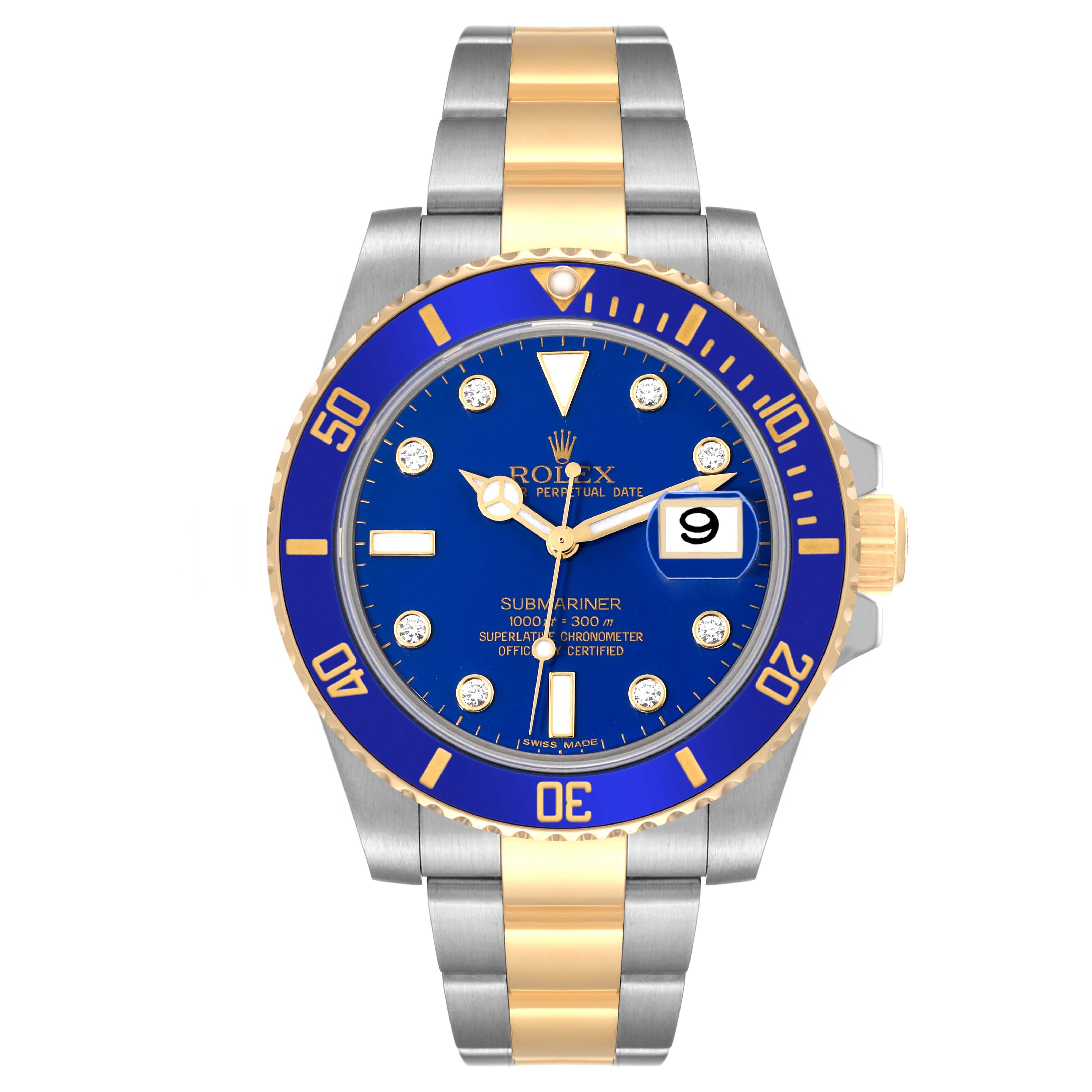 The image shows a front view of a Rolex Submariner 116613 Men's Steel and Gold (two tone) Blue Dial 116613 Men's Steel and Gold (two tone) Blue Dial watch featuring a blue dial, date display, and dual-tone bracelet.