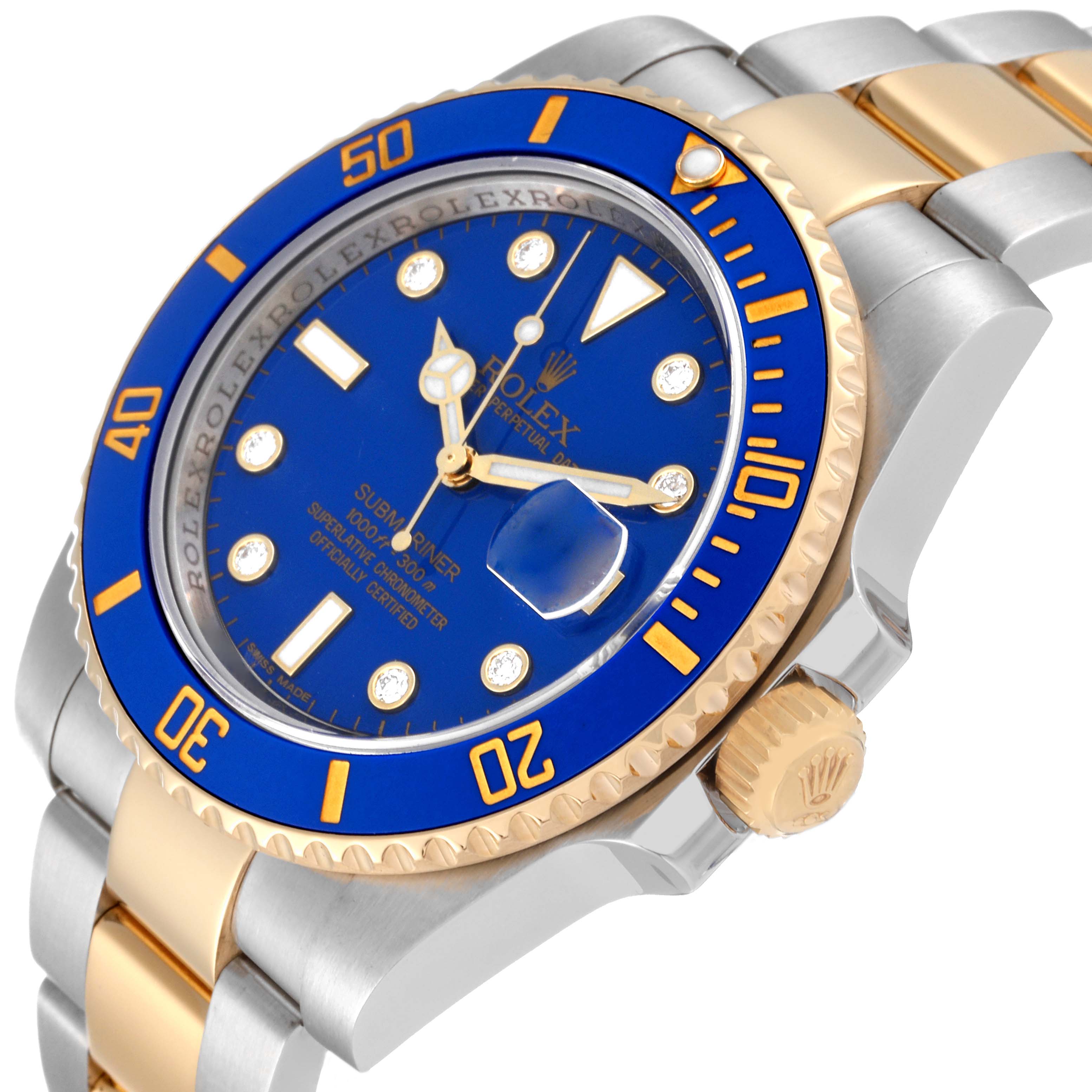 The image shows the Rolex Submariner 116613 Men's Steel and Gold (two tone) Blue Dial 116613 Men's Steel and Gold (two tone) Blue Dial watch angled to display the blue dial, bezel, crown, and part of its gold and silver bracelet.