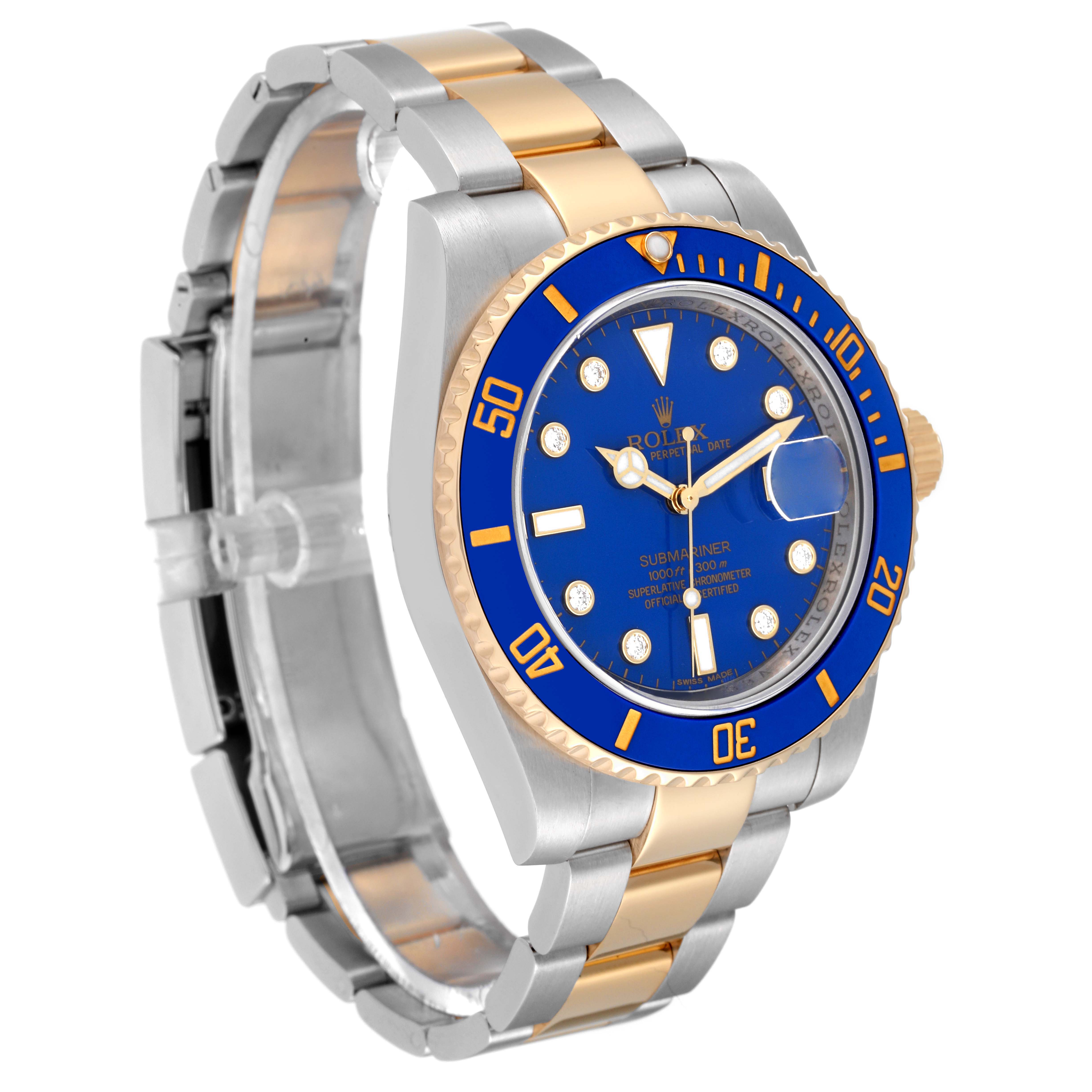 This image shows a side angle of the Rolex Submariner 116613 Men's Steel and Gold (two tone) Blue Dial 116613 Men's Steel and Gold (two tone) Blue Dial watch, highlighting its blue dial, golden bezel, and two-tone bracelet.