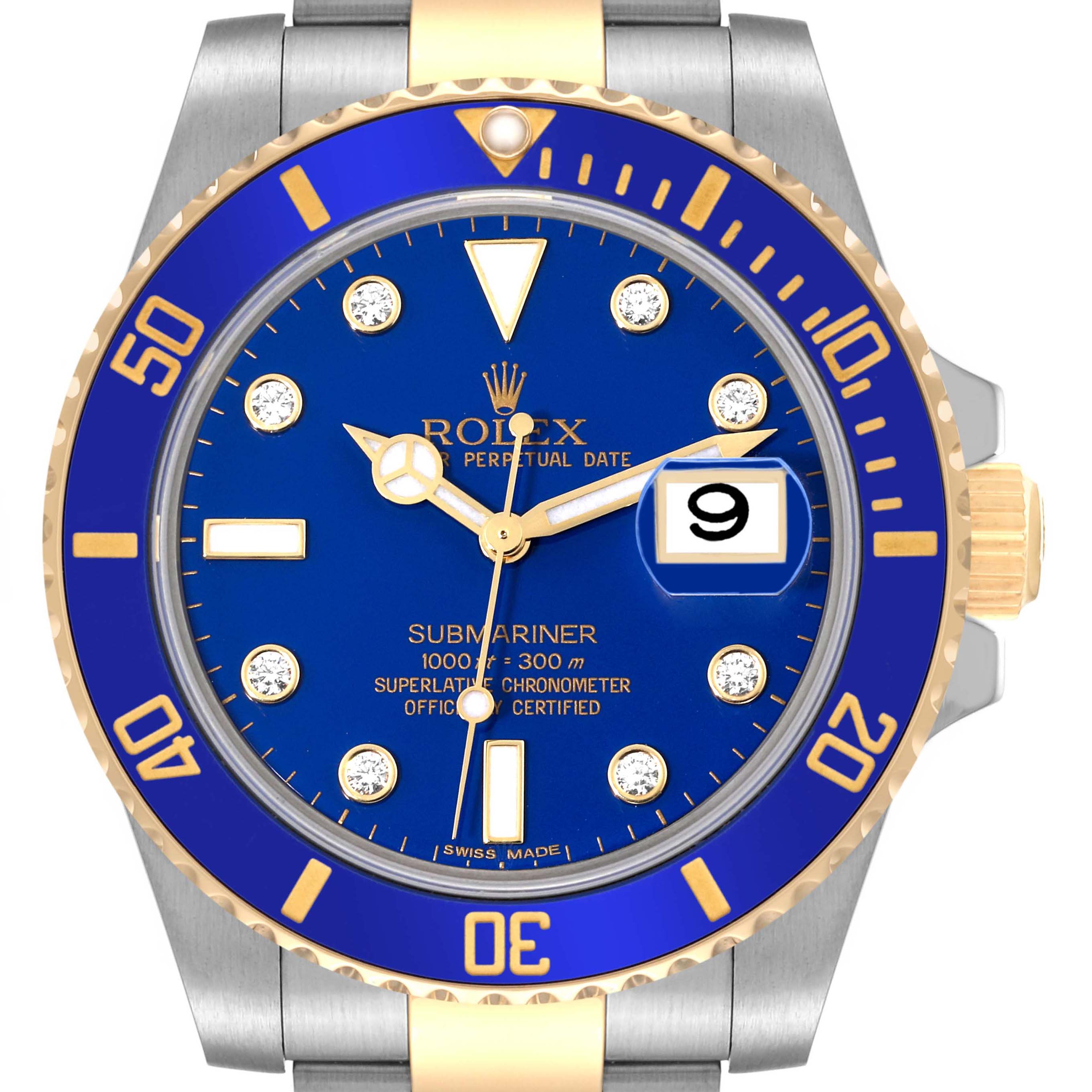 The image shows a front view of a Rolex Submariner 116613 Men's Steel and Gold (two tone) Blue Dial 116613 Men's Steel and Gold (two tone) Blue Dial watch with a blue dial and gold and silver accents.