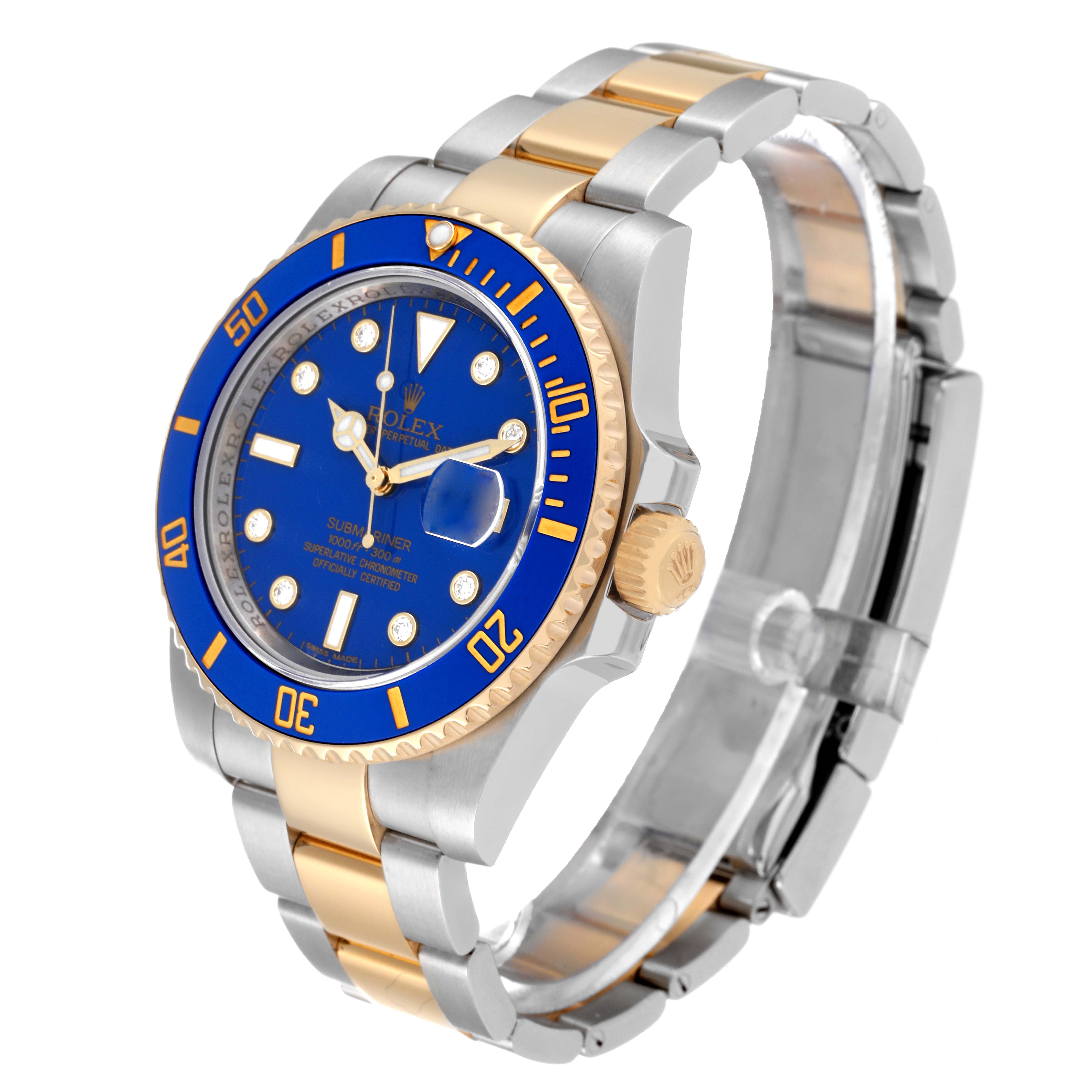 This image shows a side-angle view of the Rolex Submariner 116613 Men's Steel and Gold (two tone) Blue Dial 116613 Men's Steel and Gold (two tone) Blue Dial watch, highlighting its blue dial, gold accents, and steel and gold bracelet.