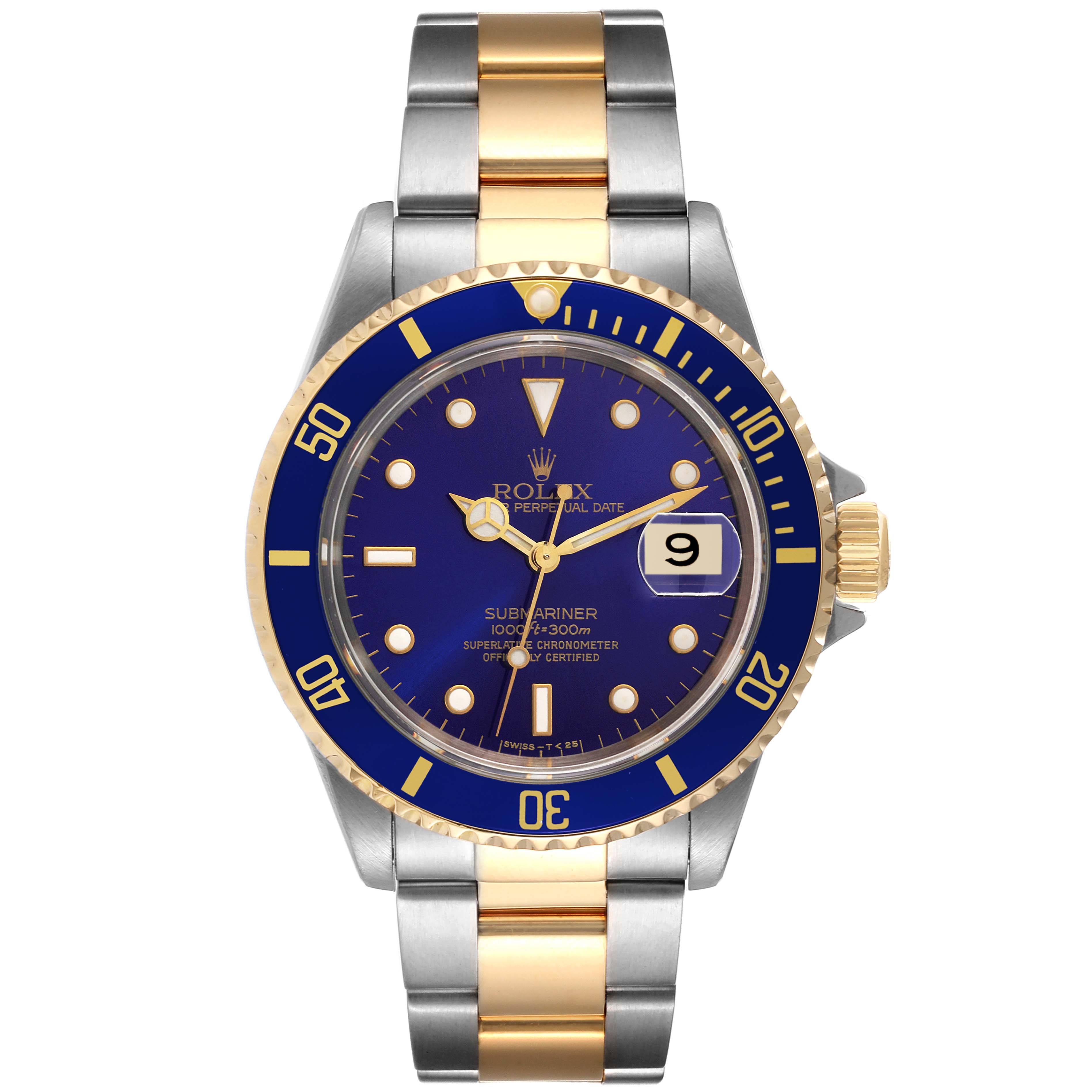 This image shows a front view of the Rolex Submariner 16613 Men's Steel and Gold (two tone) Blue Dial 16613 Men's Steel and Gold (two tone) Blue Dial watch, highlighting the dial, bezel, and band.
