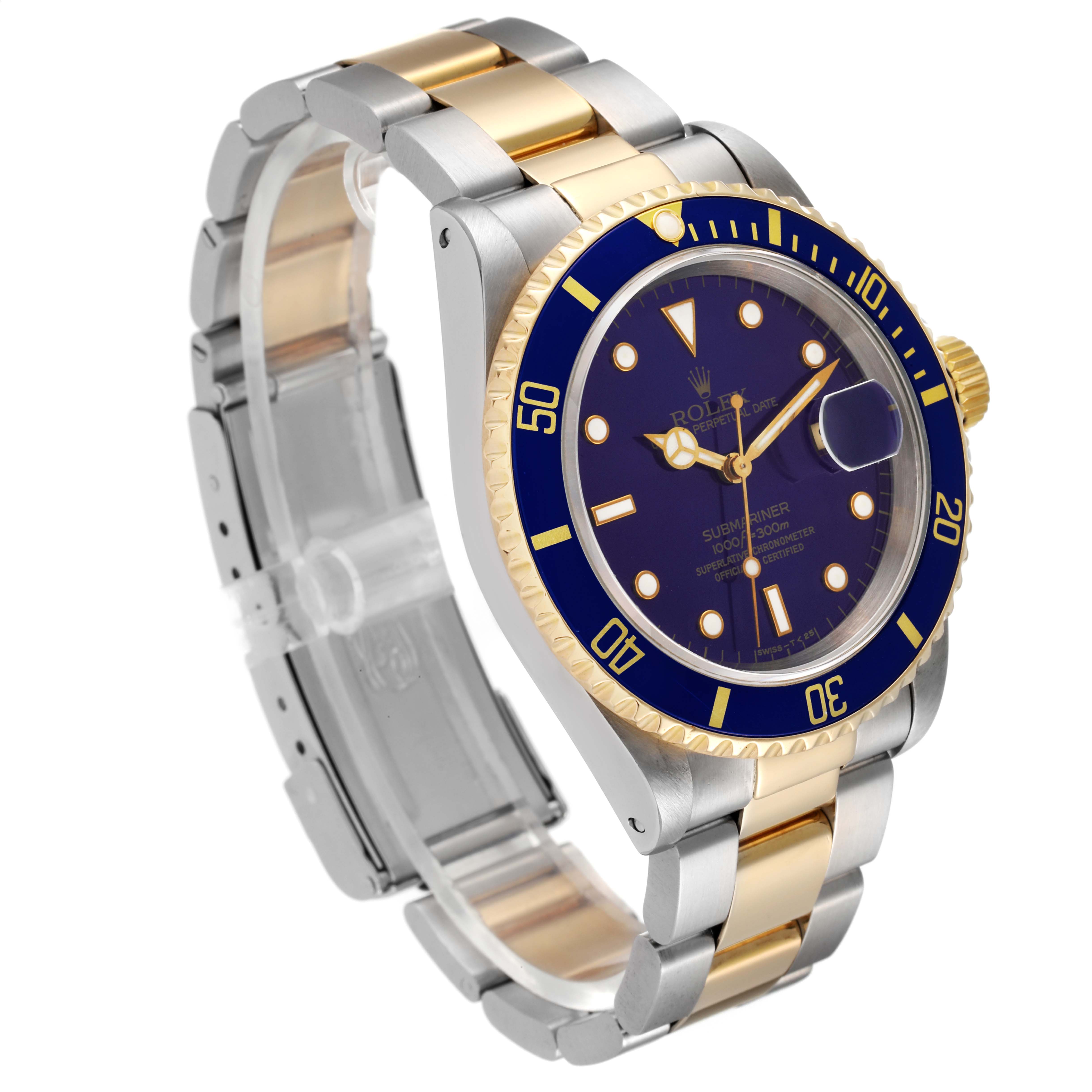 The image shows a Rolex Submariner 16613 Men's Steel and Gold (two tone) Blue Dial 16613 Men's Steel and Gold (two tone) Blue Dial watch at an angle displaying the face, bezel, and bracelet with a mix of stainless steel and gold.
