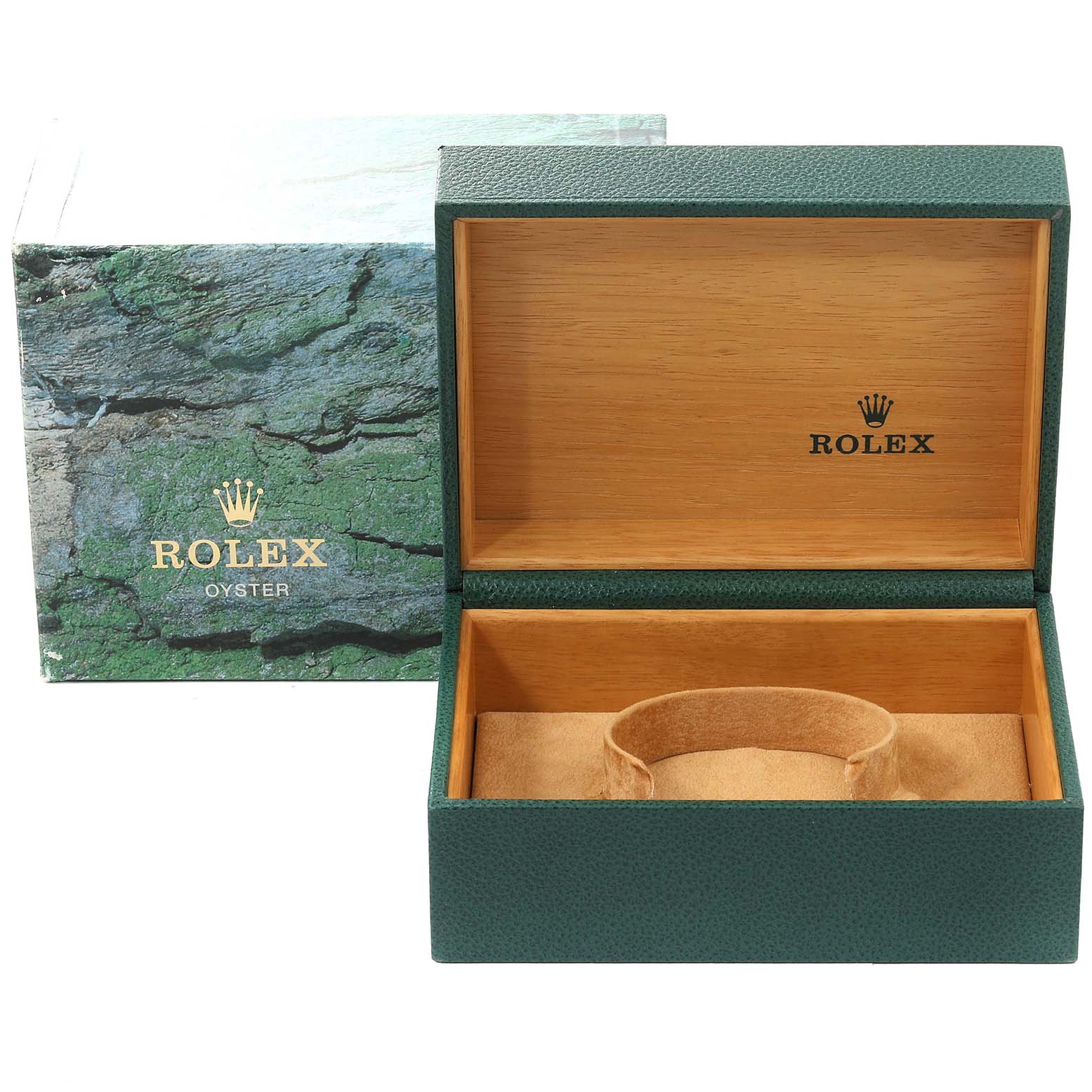 The image shows an open Rolex watch box with green outer covering and wood interior, specifically for the Submariner model.