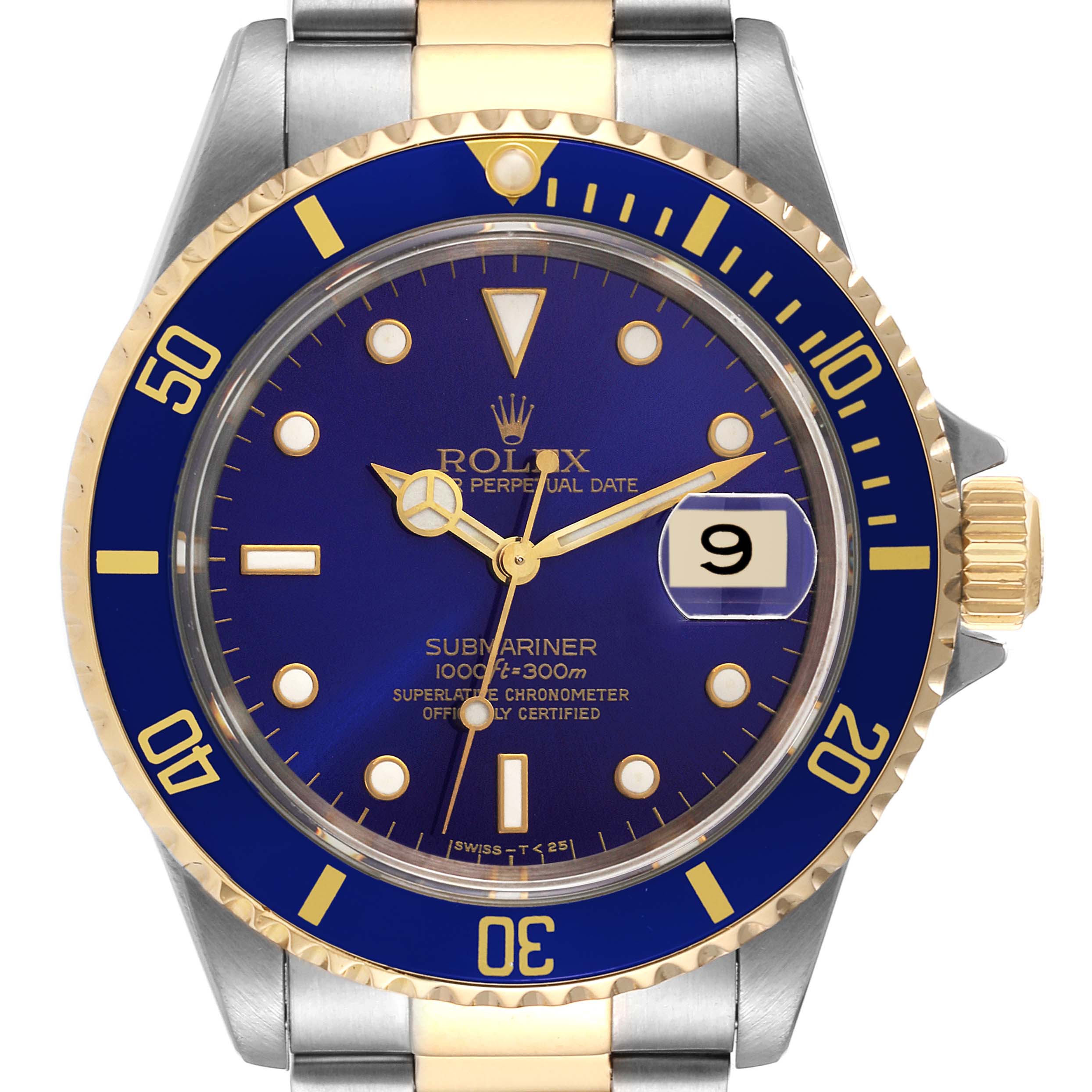 The image shows a frontal view of a Rolex Submariner 16613 Men's Steel and Gold (two tone) Blue Dial 16613 Men's Steel and Gold (two tone) Blue Dial watch, highlighting its blue dial, gold-trimmed bezel, and metal bracelet.
