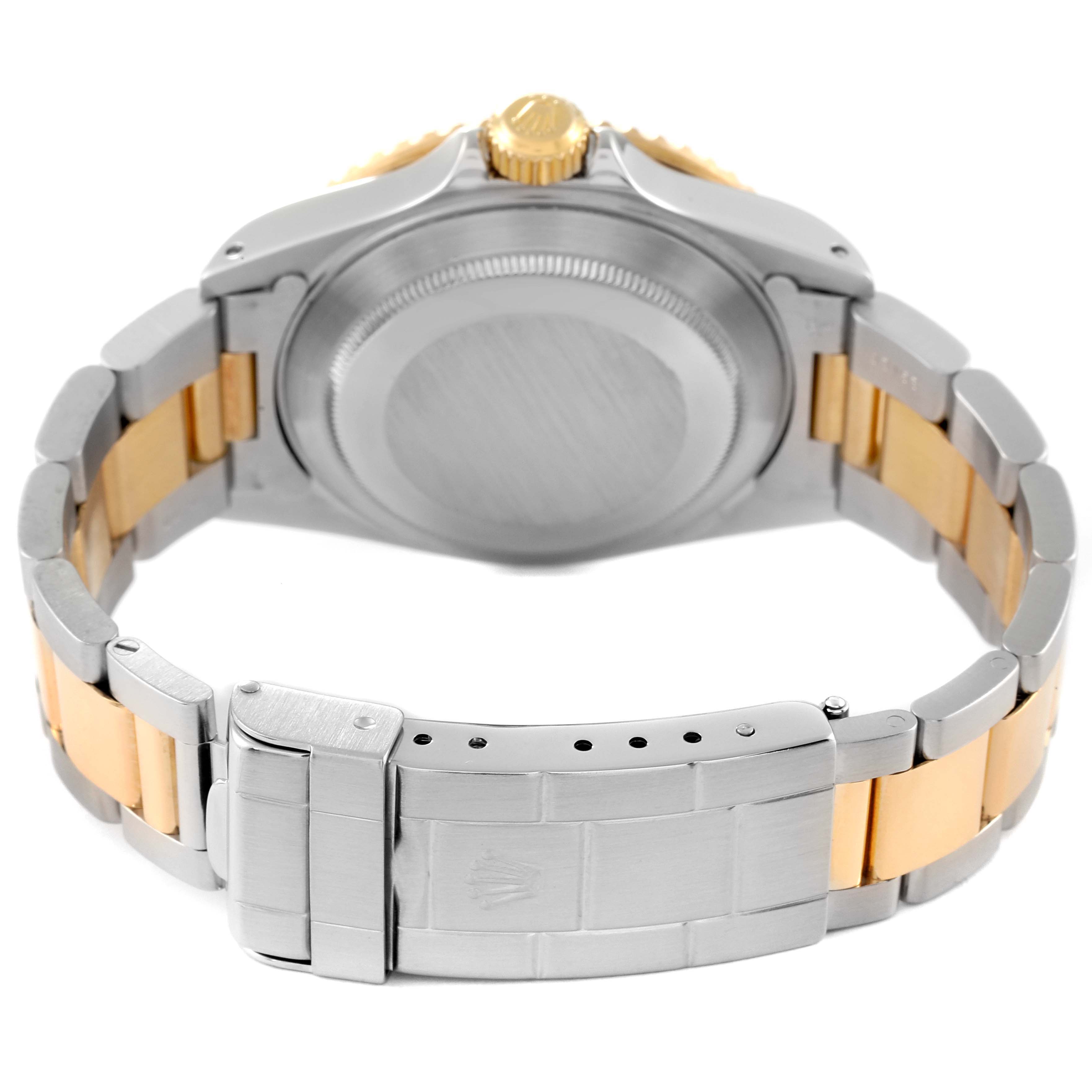 The image shows the back side of a Rolex Submariner 16613 Men's Steel and Gold (two tone) Blue Dial 16613 Men's Steel and Gold (two tone) Blue Dial watch, highlighting its bracelet, clasp, and case back.