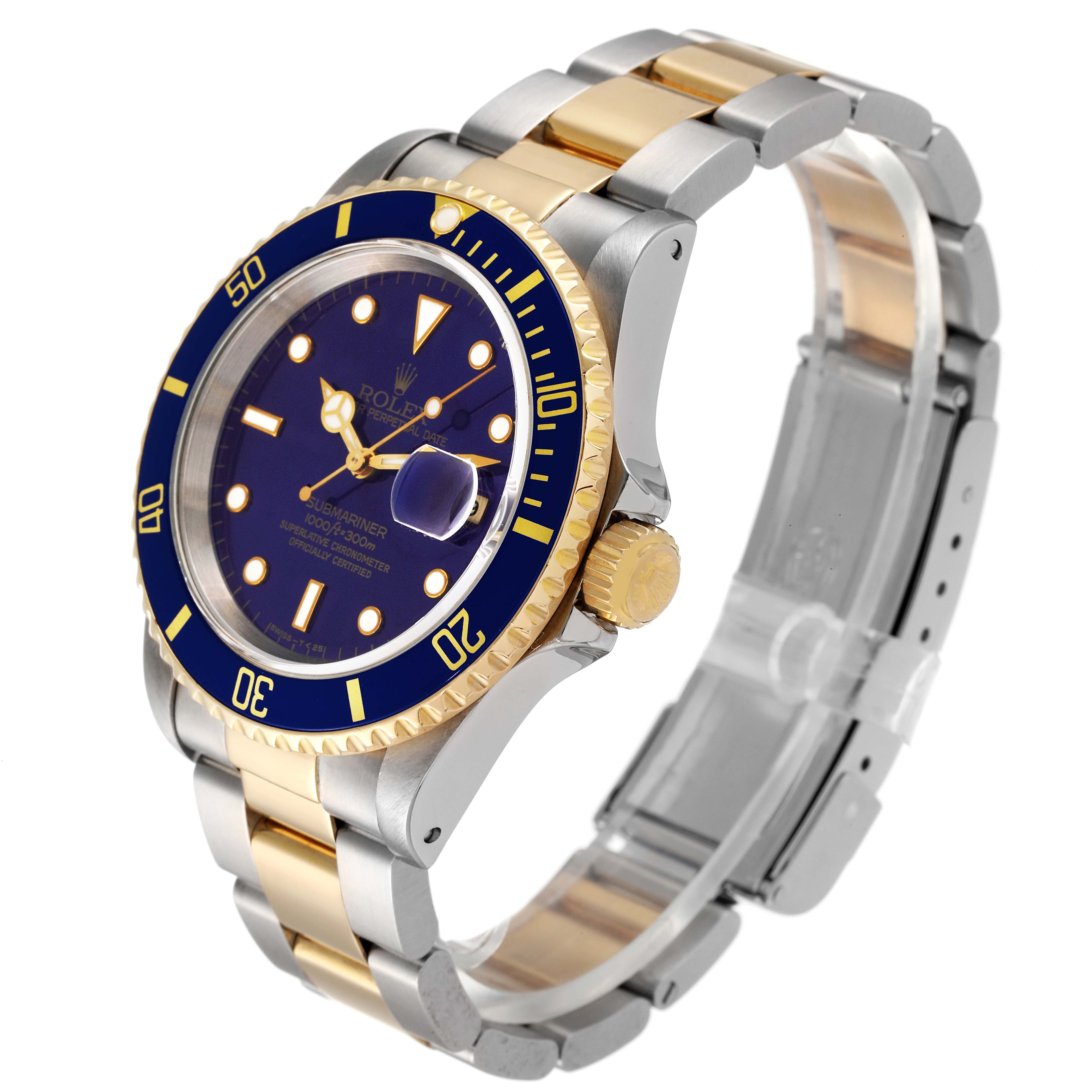 This image shows a side-angle view of a Rolex Submariner 16613 Men's Steel and Gold (two tone) Blue Dial 16613 Men's Steel and Gold (two tone) Blue Dial watch, highlighting its blue dial, bezel, and two-tone bracelet.