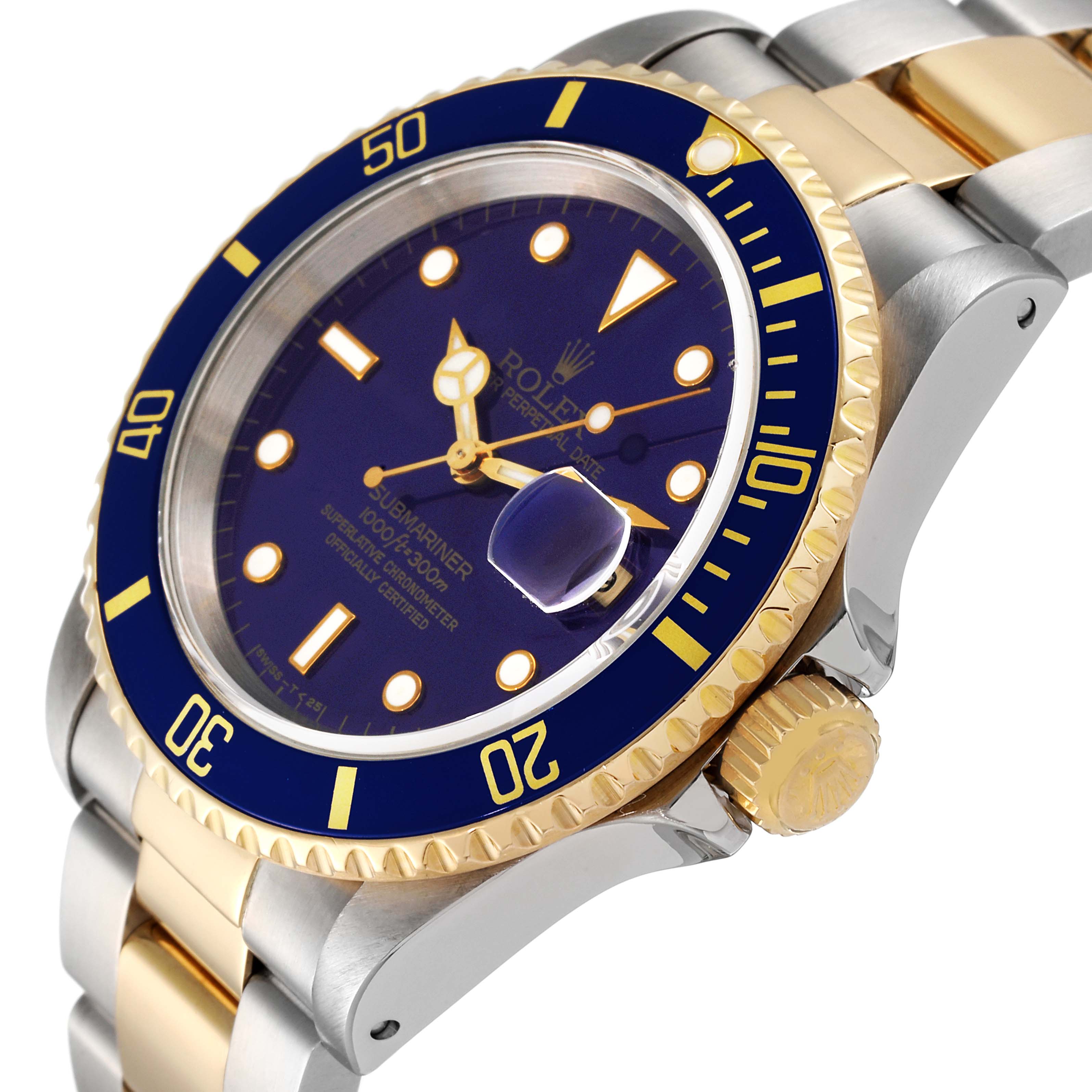 The Rolex Submariner 16613 Men's Steel and Gold (two tone) Blue Dial 16613 Men's Steel and Gold (two tone) Blue Dial watch is shown at a three-quarter angle, displaying its blue dial, gold-and-silver bracelet, and crown.