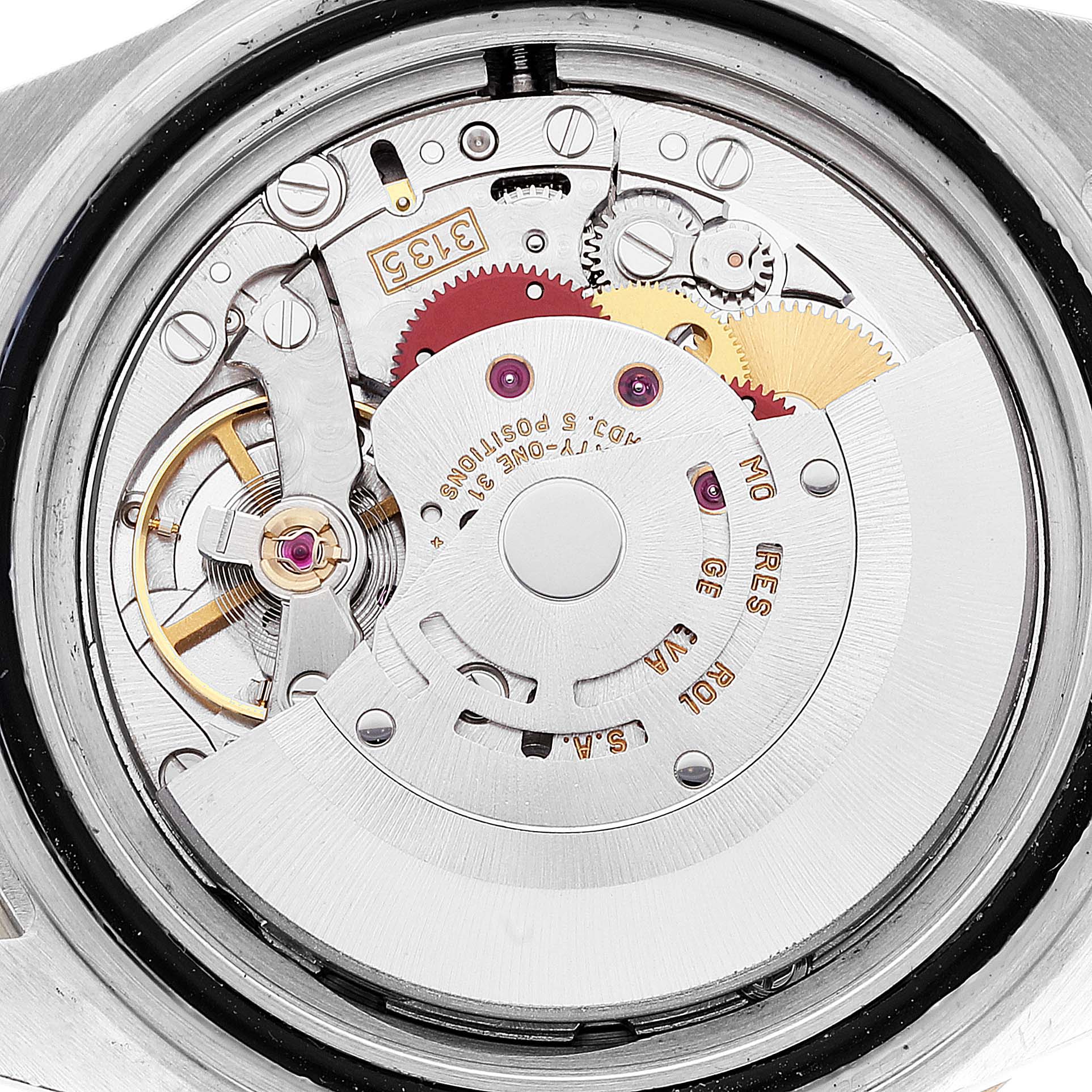 This image shows the detailed movement mechanism of the Rolex Submariner 16613 Men's Steel and Gold (two tone) Blue Dial 16613 Men's Steel and Gold (two tone) Blue Dial watch from a back angle.