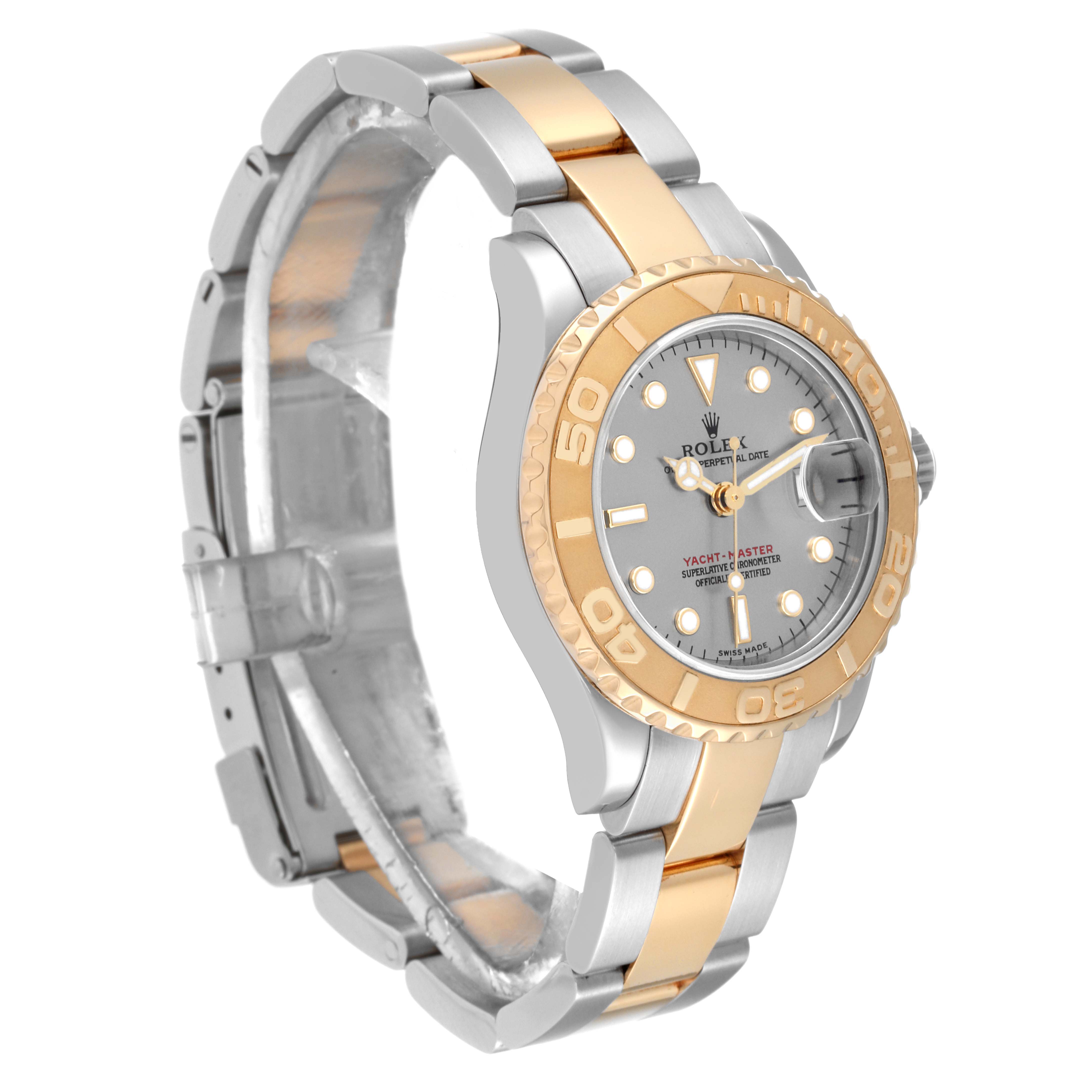 The Rolex Yacht-Master 169623 Women's Steel and Gold (two tone) Grey Dial 169623 Women's Steel and Gold (two tone) Grey Dial watch is shown at a three-quarter angle highlighting the bezel, bracelet, and face.