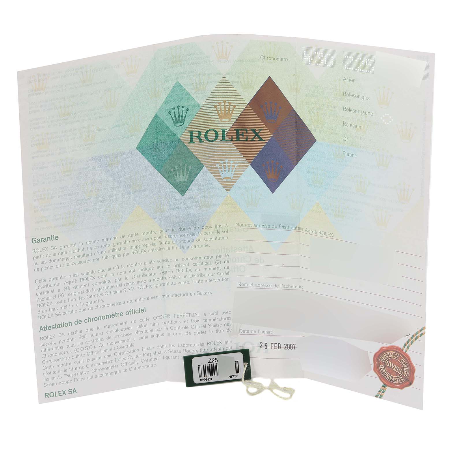 The image shows the warranty and certification papers for a Rolex Yacht-Master 169623 Women's Steel and Gold (two tone) Grey Dial 169623 Women's Steel and Gold (two tone) Grey Dial watch.