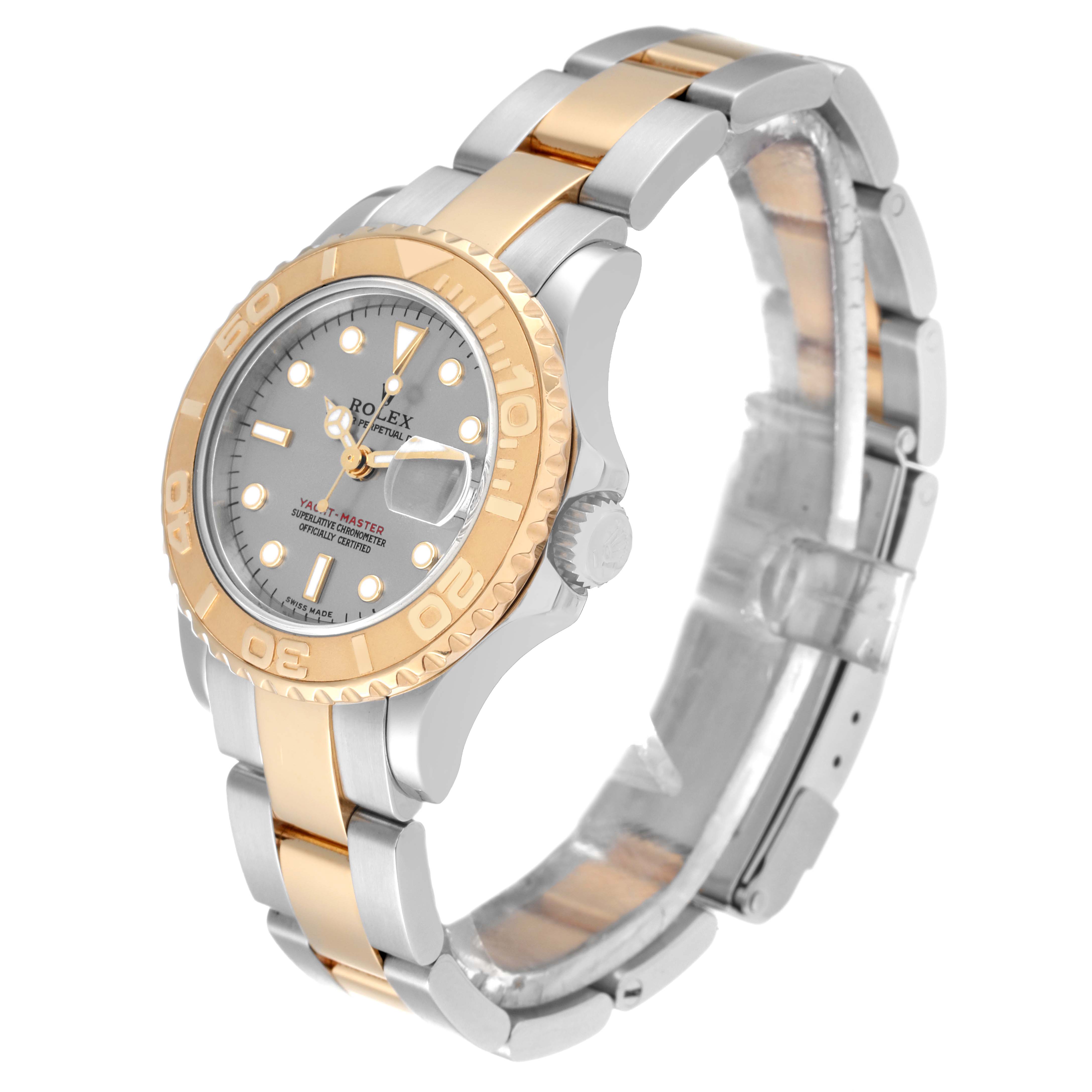 The Rolex Yacht-Master 169623 Women's Steel and Gold (two tone) Grey Dial 169623 Women's Steel and Gold (two tone) Grey Dial watch is shown at an angle displaying its dial, bezel, crown, and bracelet in a bi-metal finish.