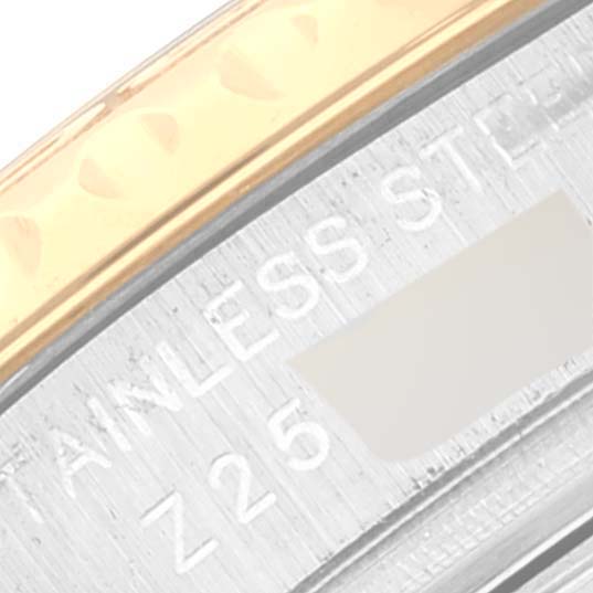 The image shows a close-up angle of the Rolex Yacht-Master 169623 Women's Steel and Gold (two tone) Grey Dial 169623 Women's Steel and Gold (two tone) Grey Dial watch, focusing on the stainless steel and gold bezel.