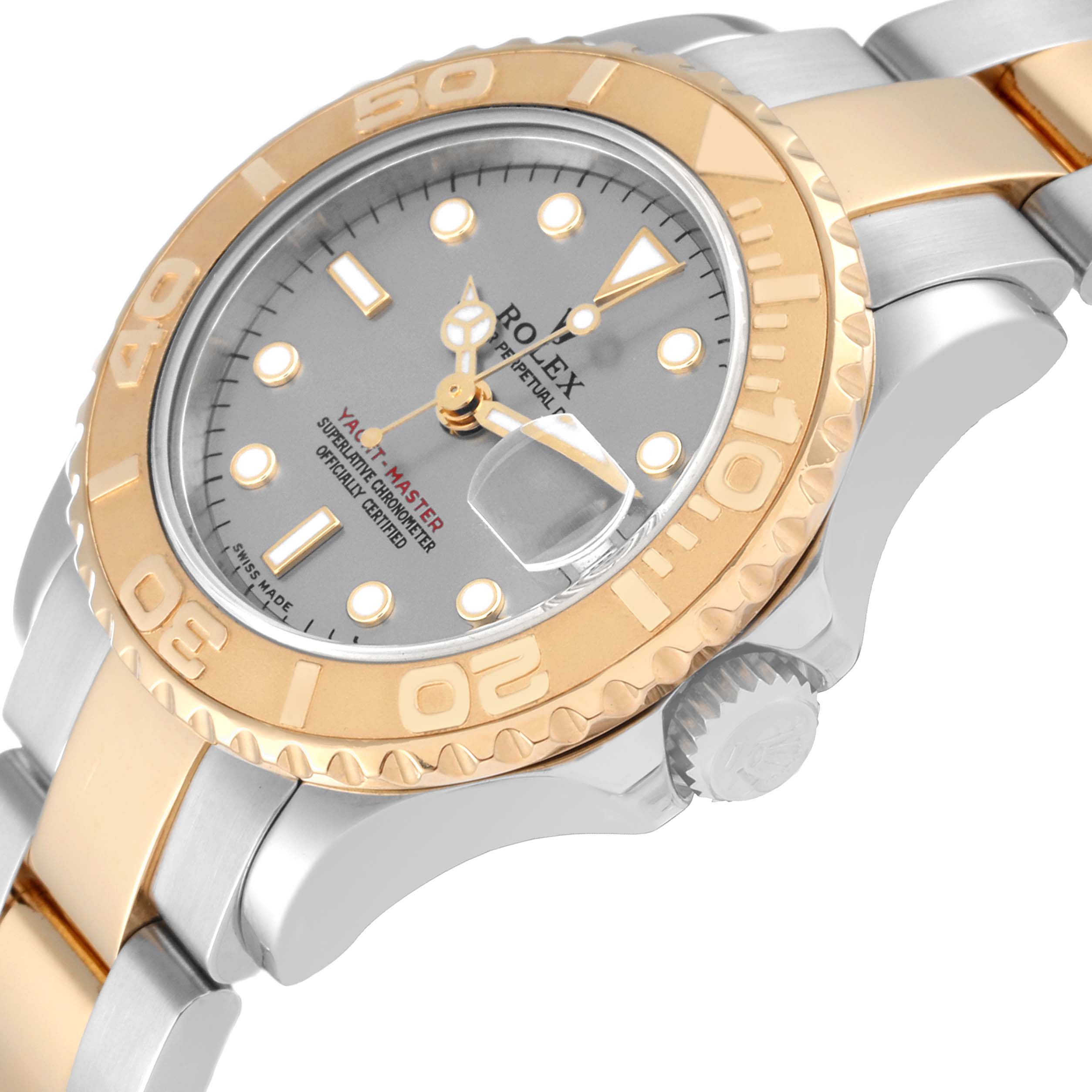 The image shows a Rolex Yacht-Master 169623 Women's Steel and Gold (two tone) Grey Dial 169623 Women's Steel and Gold (two tone) Grey Dial watch at an angle highlighting the bezel, dial, crown, and part of the bracelet.