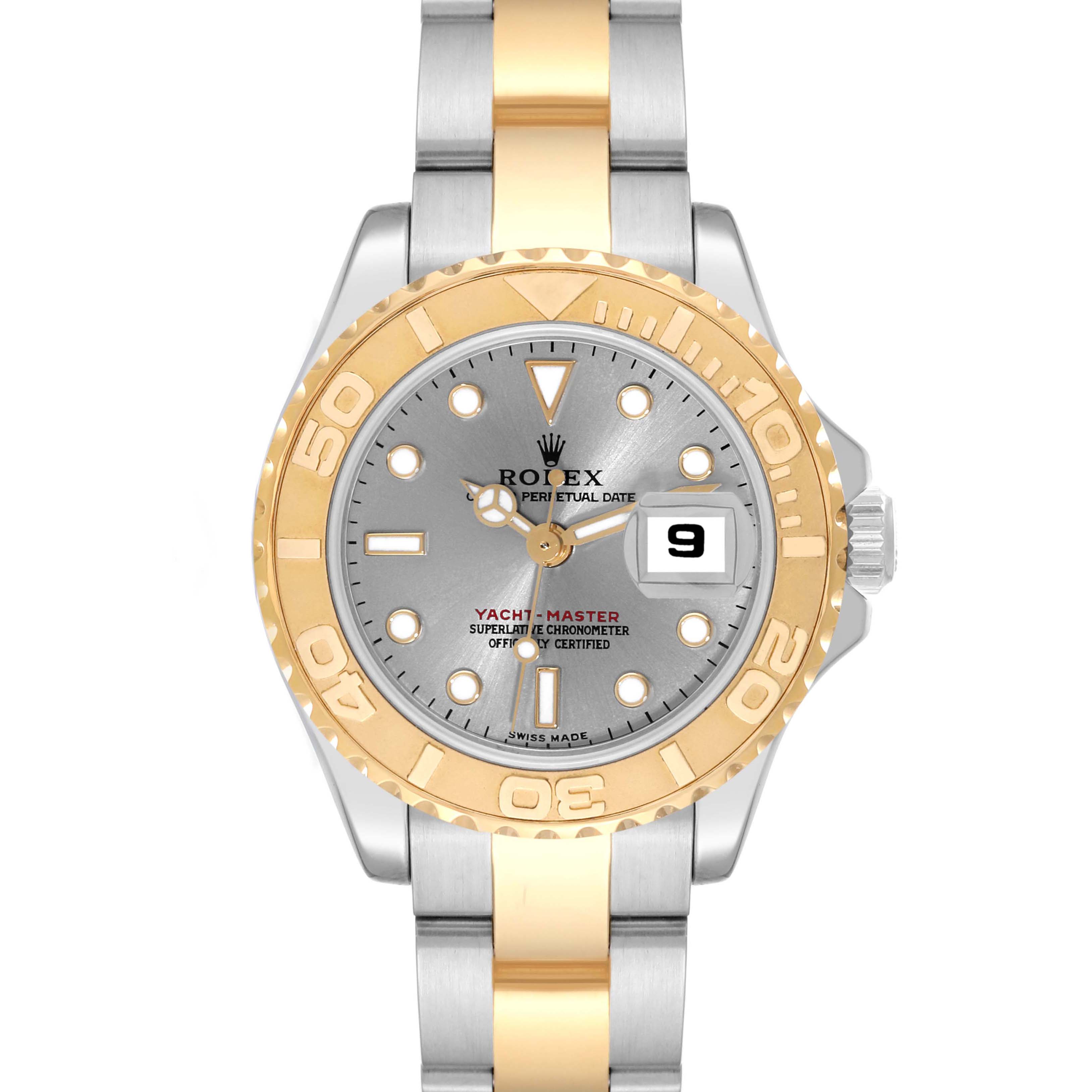 The Rolex Yacht-Master 169623 Women's Steel and Gold (two tone) Grey Dial 169623 Women's Steel and Gold (two tone) Grey Dial watch is shown from a front angle highlighting the dial, bezel, and two-tone bracelet.
