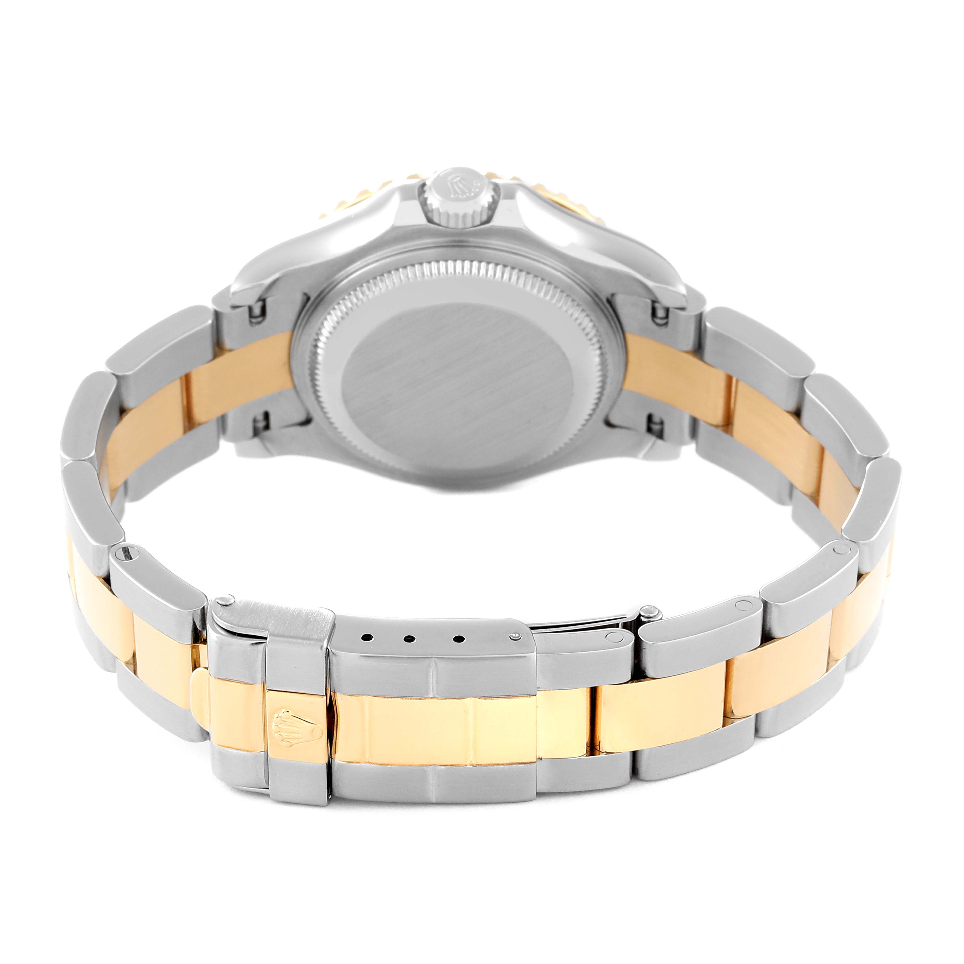 This Rolex Yacht-Master 169623 Women's Steel and Gold (two tone) Grey Dial 169623 Women's Steel and Gold (two tone) Grey Dial watch is shown from the back, highlighting the bracelet, clasp, and case back.