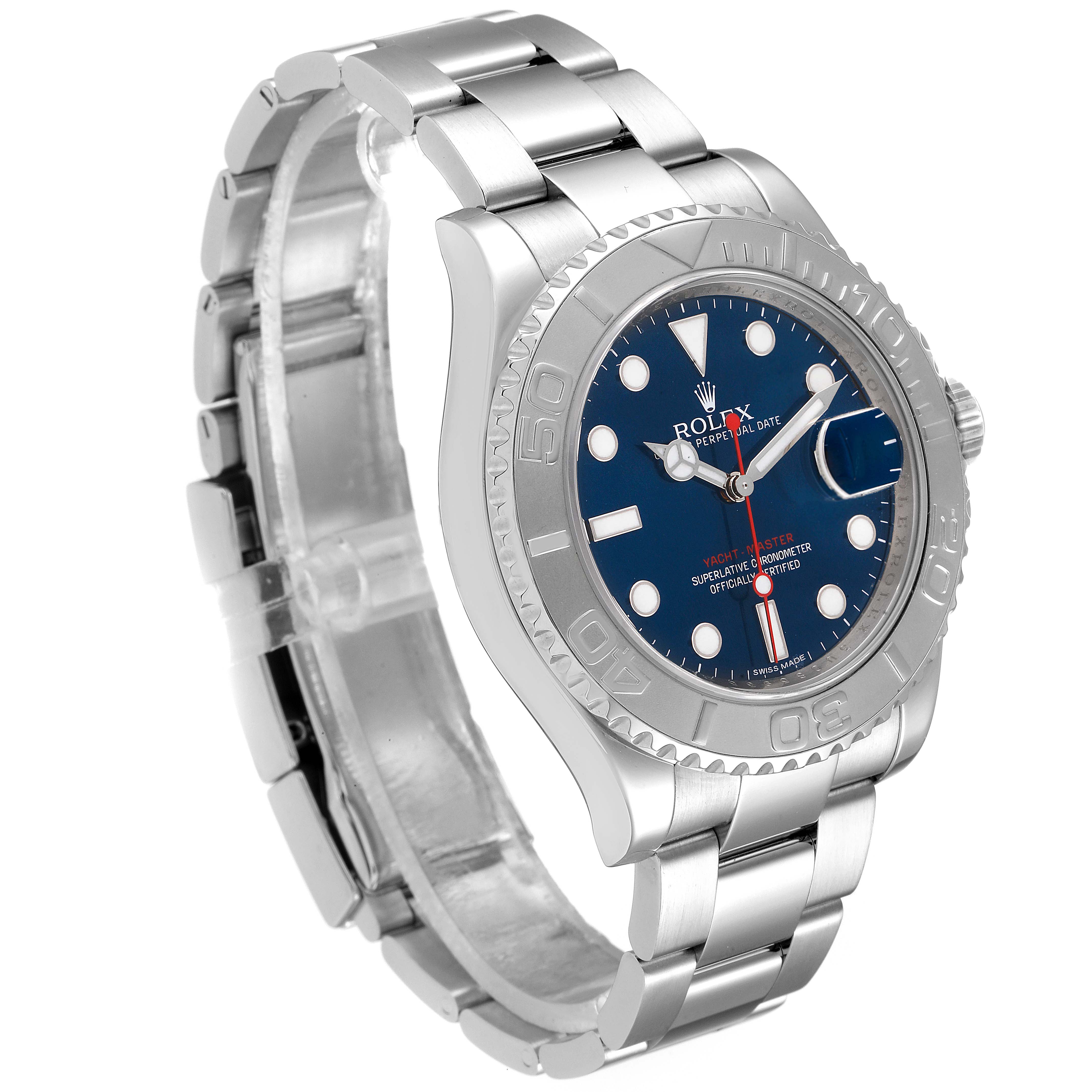 The image displays a side angle of a Rolex Yacht-Master 116622 Men's Stainless Steel Blue Dial 116622 Men's Stainless Steel Blue Dial watch, showcasing its stainless steel bracelet, bezel, and dial.
