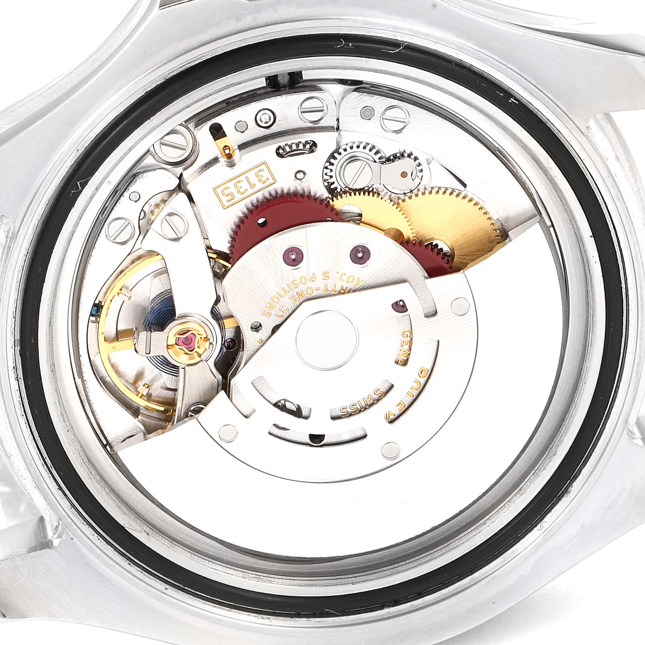 The image shows an angled back view of the Rolex Yacht-Master 116622 Men's Stainless Steel Blue Dial 116622 Men's Stainless Steel Blue Dial watch, revealing its intricate movement components.