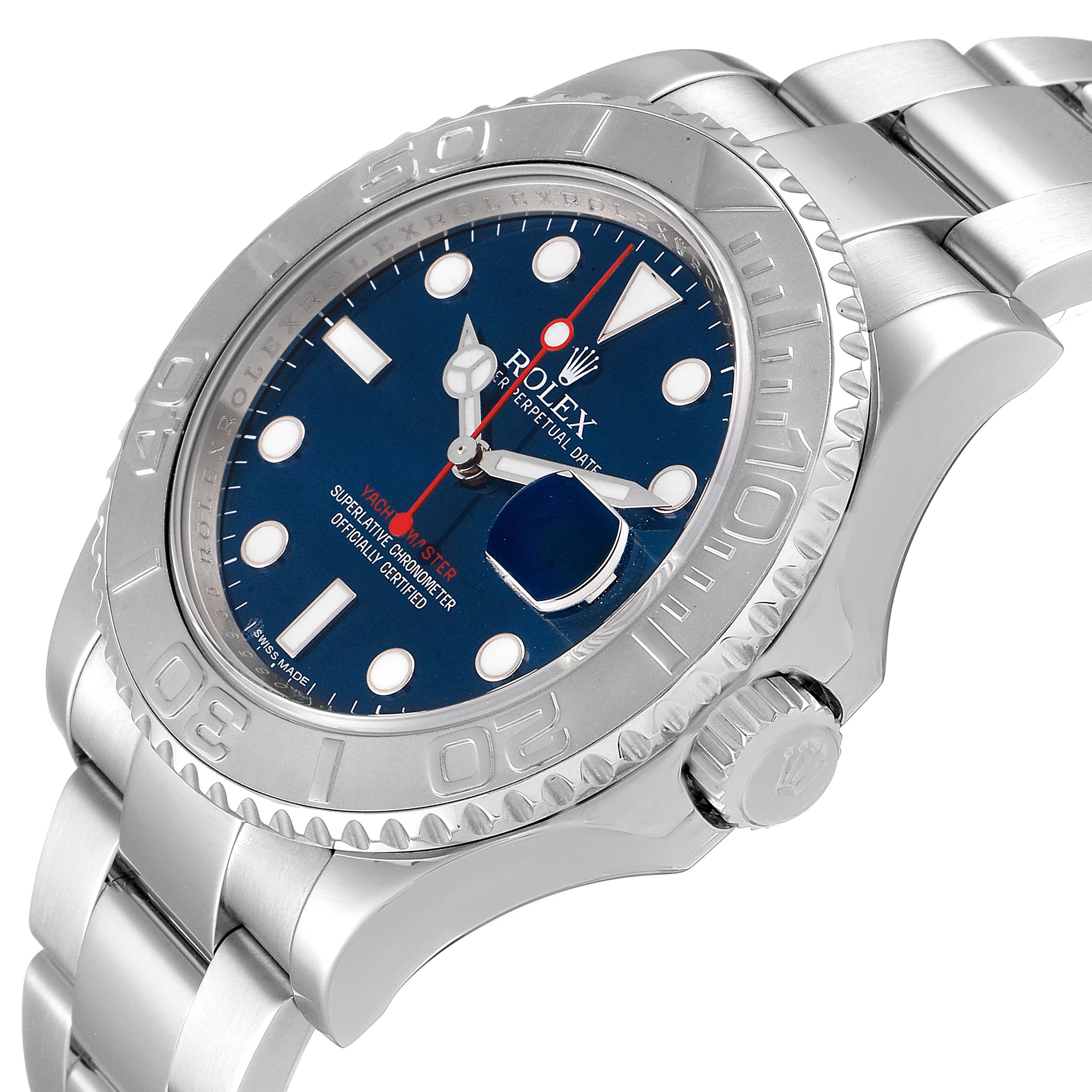 The Rolex Yacht-Master 116622 Men's Stainless Steel Blue Dial 116622 Men's Stainless Steel Blue Dial watch is shown at an angled view, highlighting the dial, bezel, crown, and part of the bracelet.