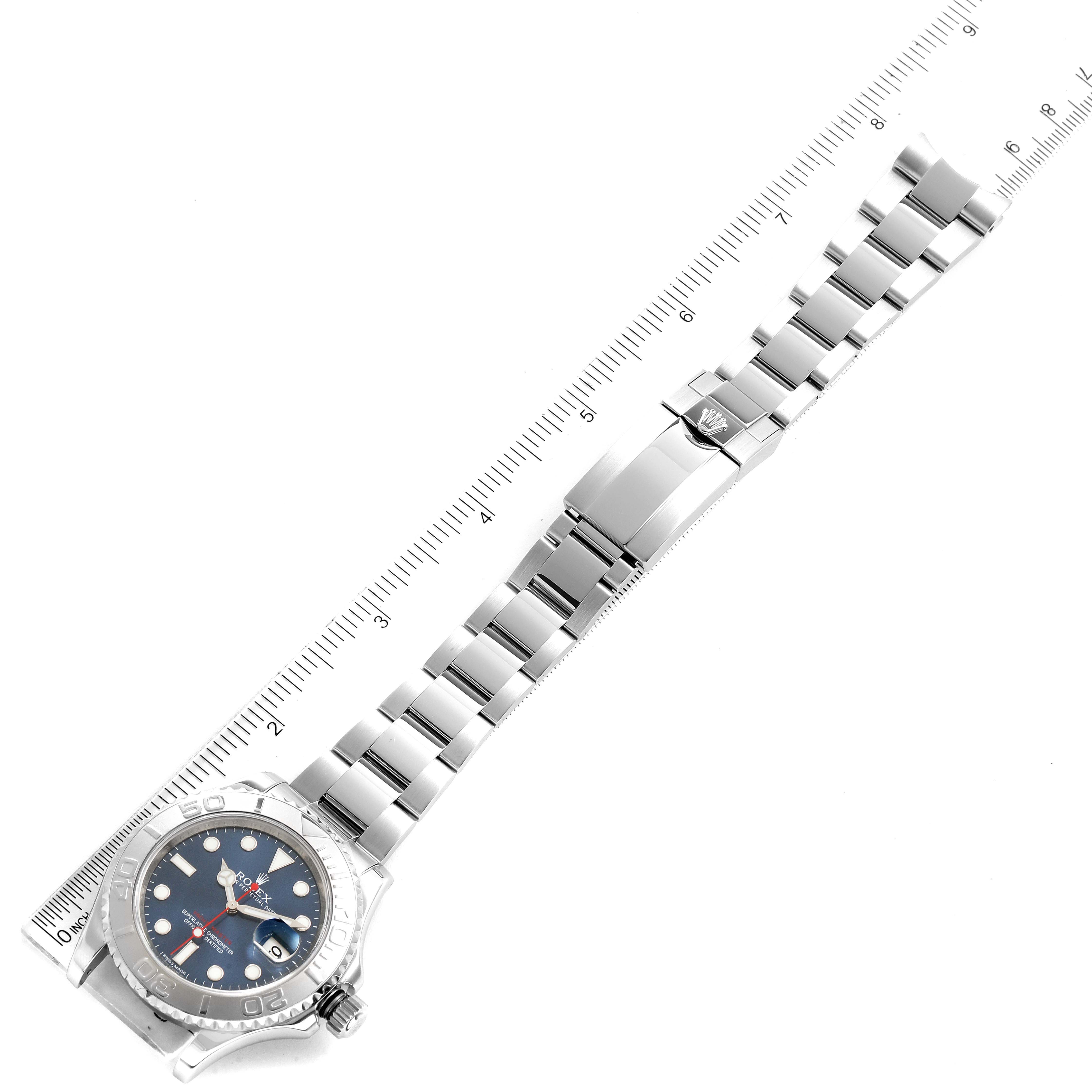 The image shows a Rolex Yacht-Master 116622 Men's Stainless Steel Blue Dial 116622 Men's Stainless Steel Blue Dial watch laid flat, highlighting the face, bezel, and fully extended metal bracelet.