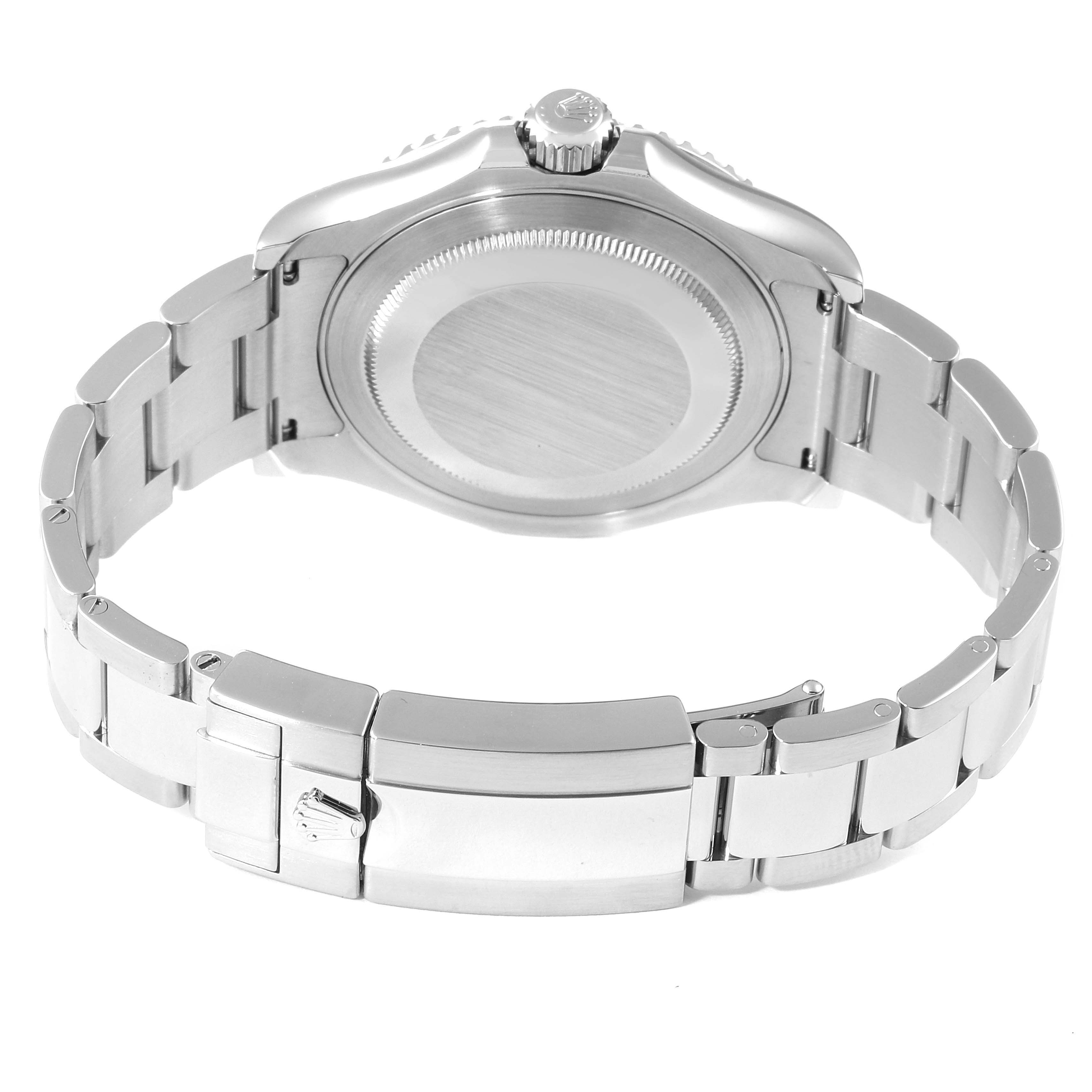 The image shows a rear view of the Rolex Yacht-Master 116622 Men's Stainless Steel Blue Dial 116622 Men's Stainless Steel Blue Dial watch, highlighting its stainless steel case back and bracelet with the clasp.