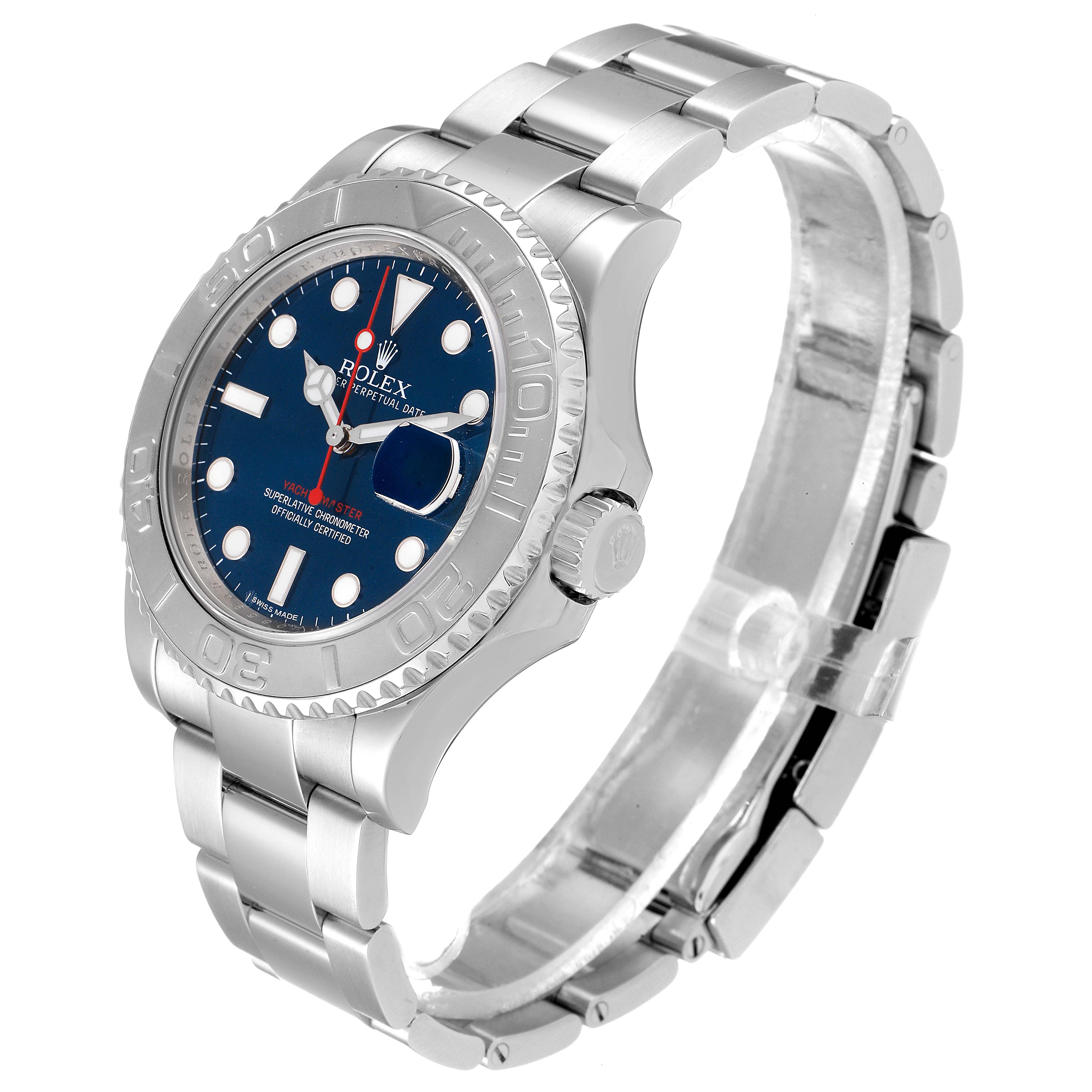 The image shows the Rolex Yacht-Master 116622 Men's Stainless Steel Blue Dial 116622 Men's Stainless Steel Blue Dial watch at an angle highlighting the face, bezel, case, crown, and bracelet.