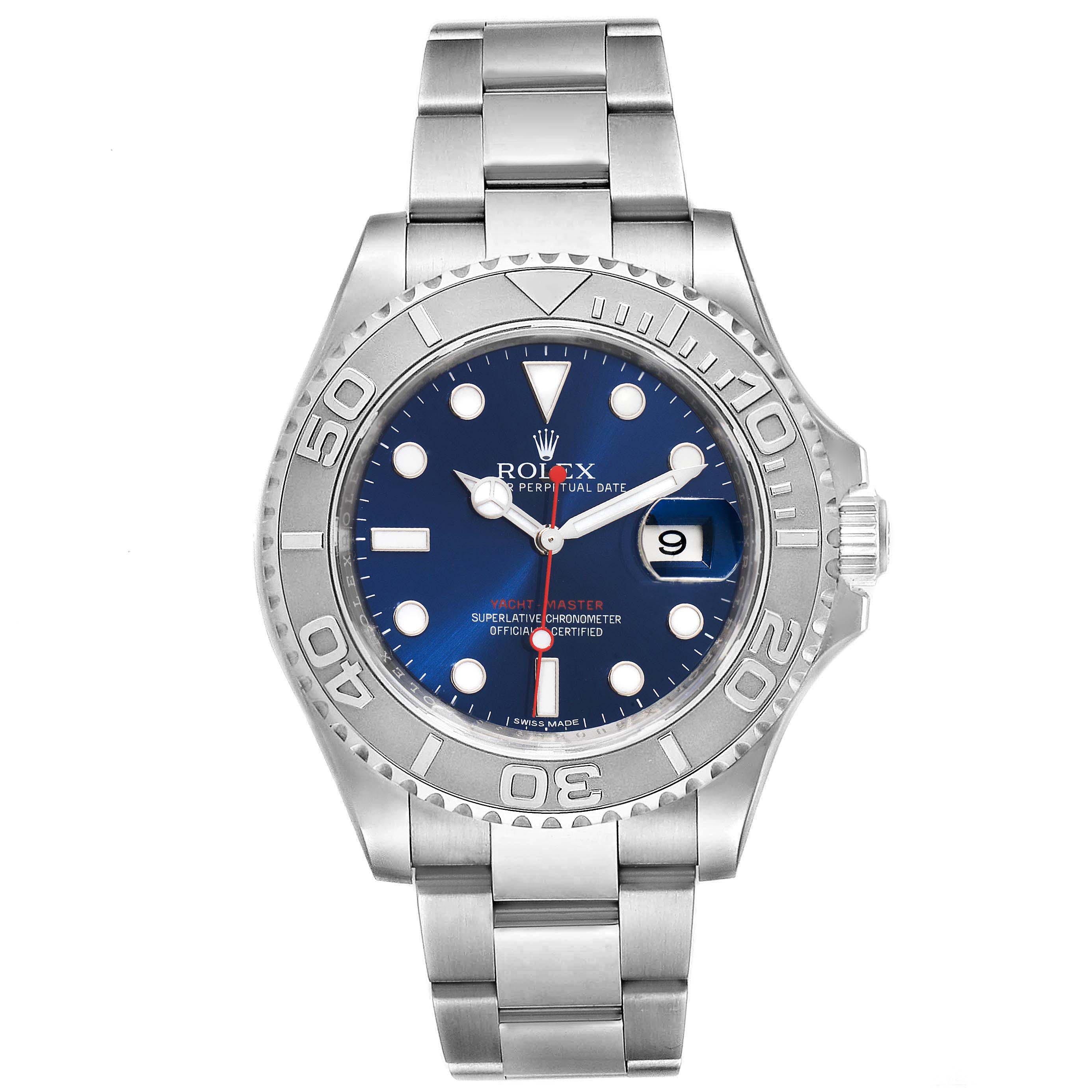 This image shows the Rolex Yacht-Master 116622 Men's Stainless Steel Blue Dial 116622 Men's Stainless Steel Blue Dial watch from the front, highlighting the dial, bezel, and bracelet.