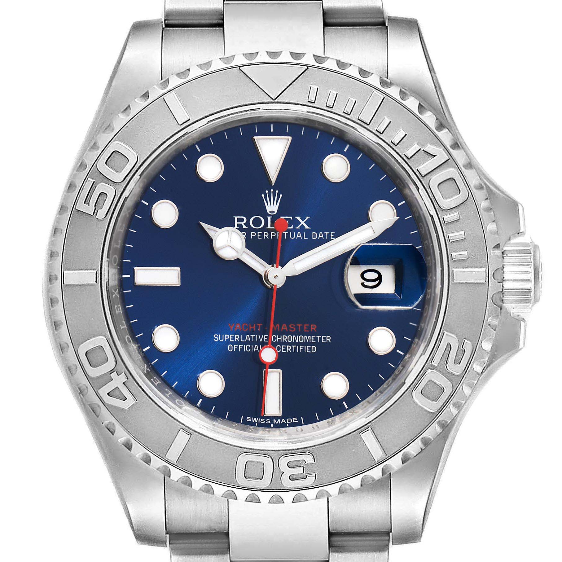 This image shows a front view of the dial, bezel, and bracelet of a Rolex Yacht-Master 116622 Men's Stainless Steel Blue Dial 116622 Men's Stainless Steel Blue Dial watch.
