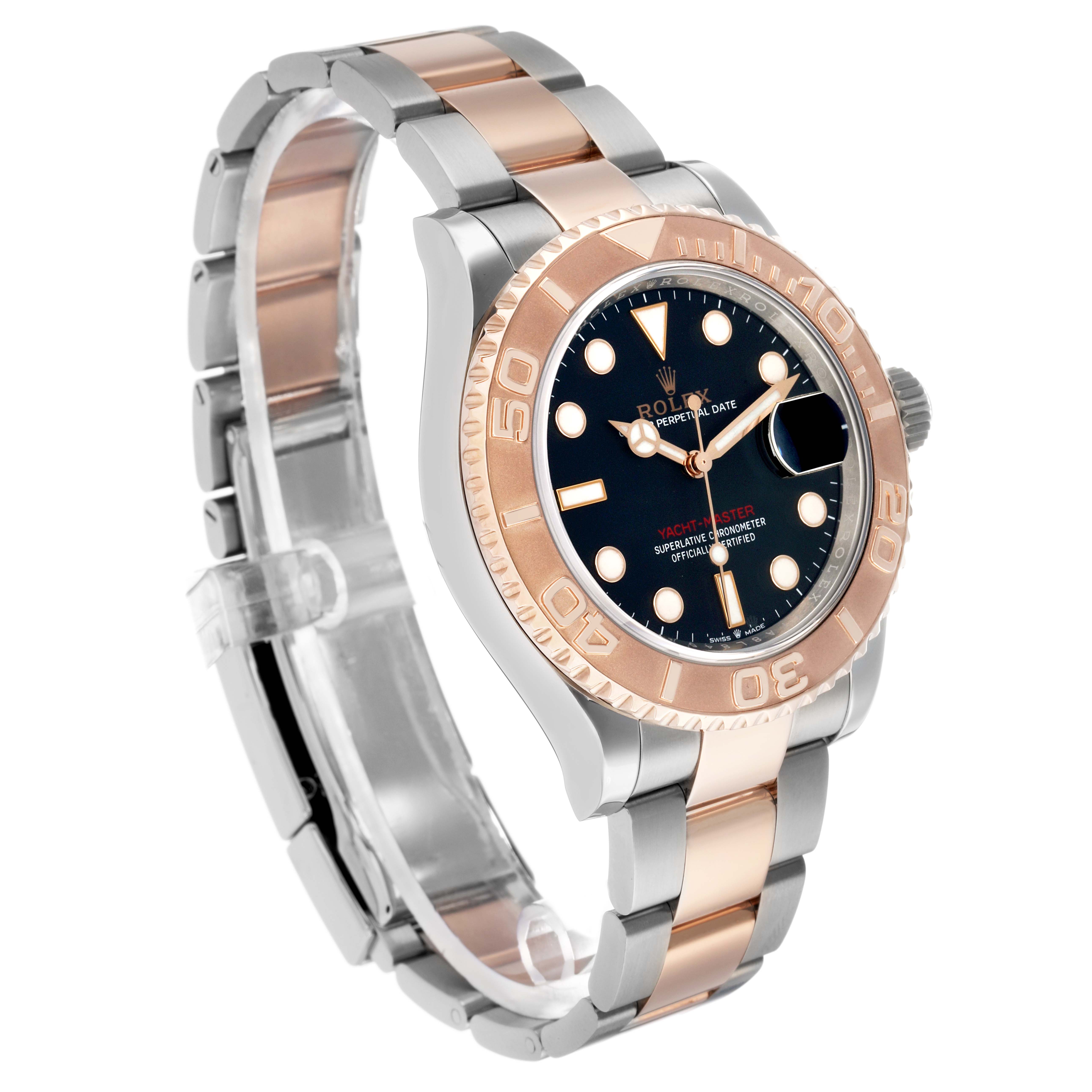 The Rolex Yacht-Master 126621 Men's Steel and Gold (two tone) Black Dial is shown at an angle highlighting the rose gold and stainless steel bracelet, bezel, and black dial.