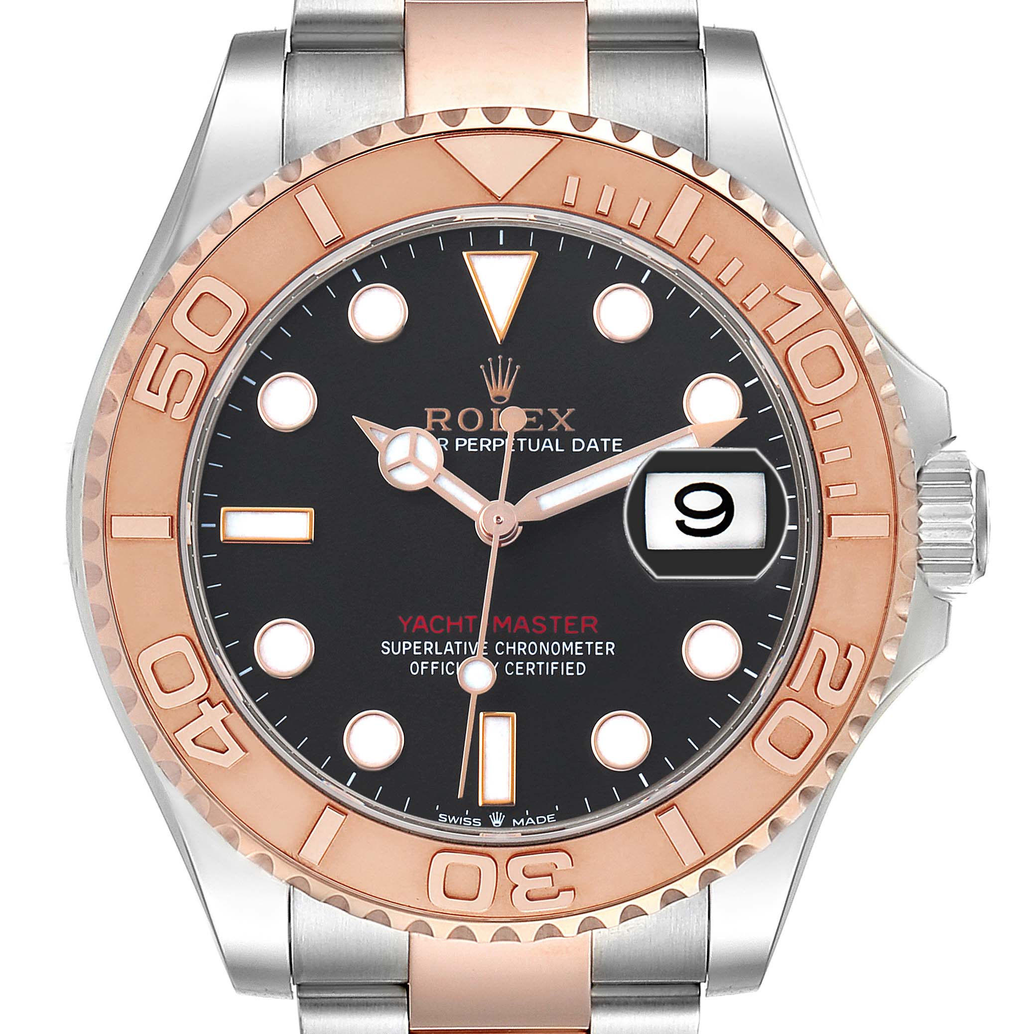 The Rolex Yacht-Master 126621 Men's Steel and Gold (two tone) Black Dial watch is shown from a frontal angle, displaying the bezel, dial, hands, and date window.